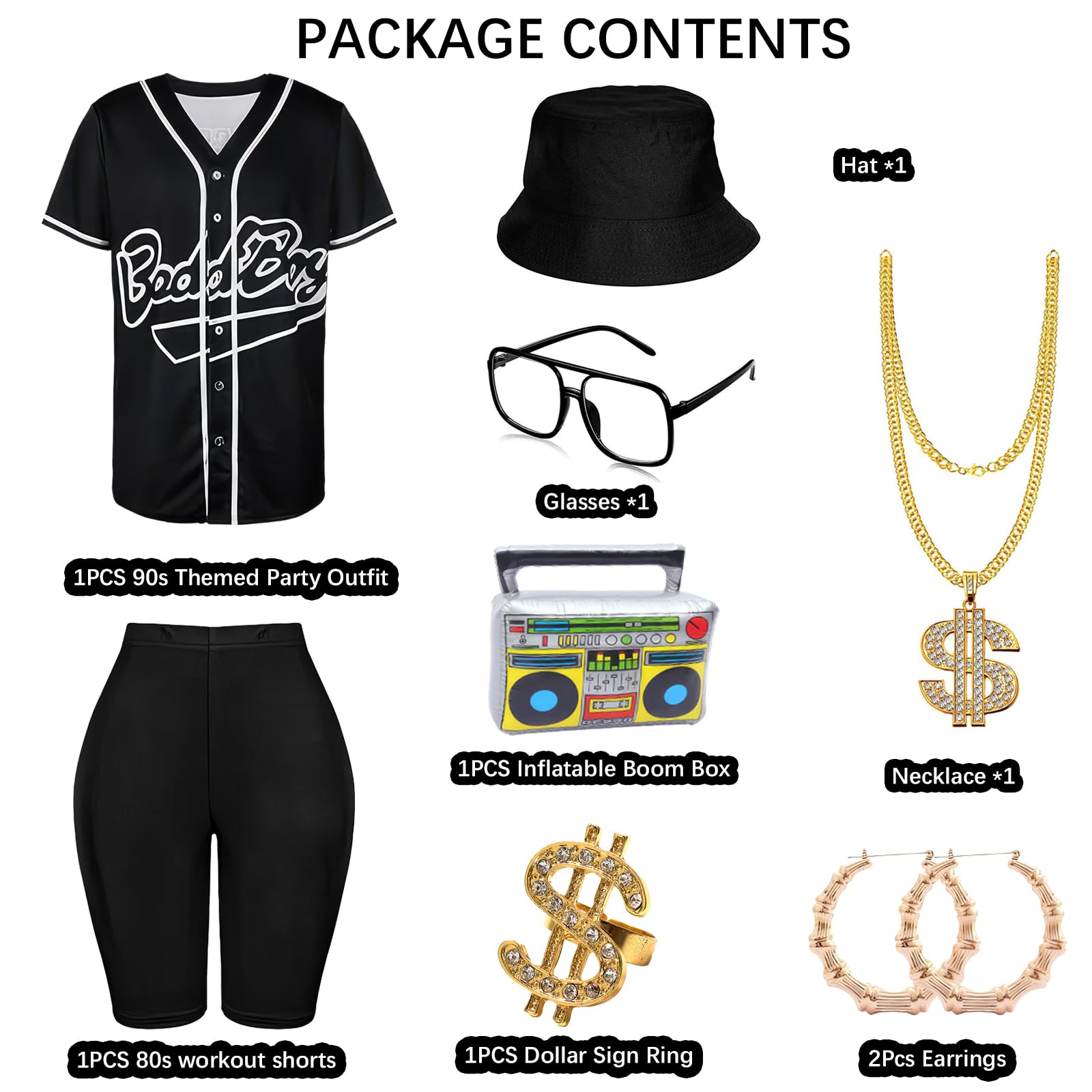 Traje de los años 80 y 90 para mujer, 6 piezas, disfraz de hip hop, camiseta de béisbol, pantalones de yoga, sombrero de cubo, cadena y accesorios de rapero