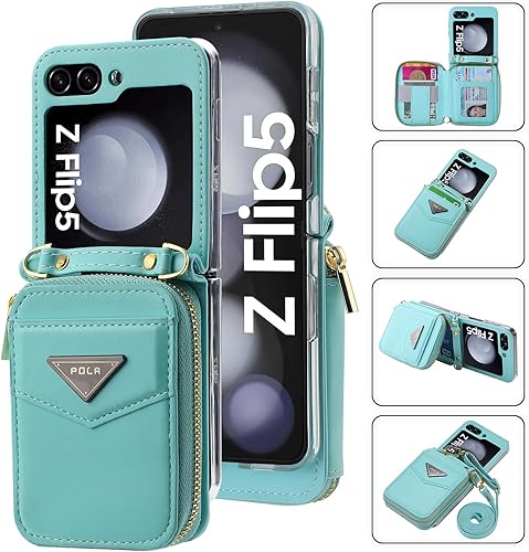 Miniatura 2 de Para Samsung Galaxy Z Flip 5 Lujosa funda de cuero con cremallera ofrece 6 ranuras para tarjetas, con correa para la muñeca y correa de hombro