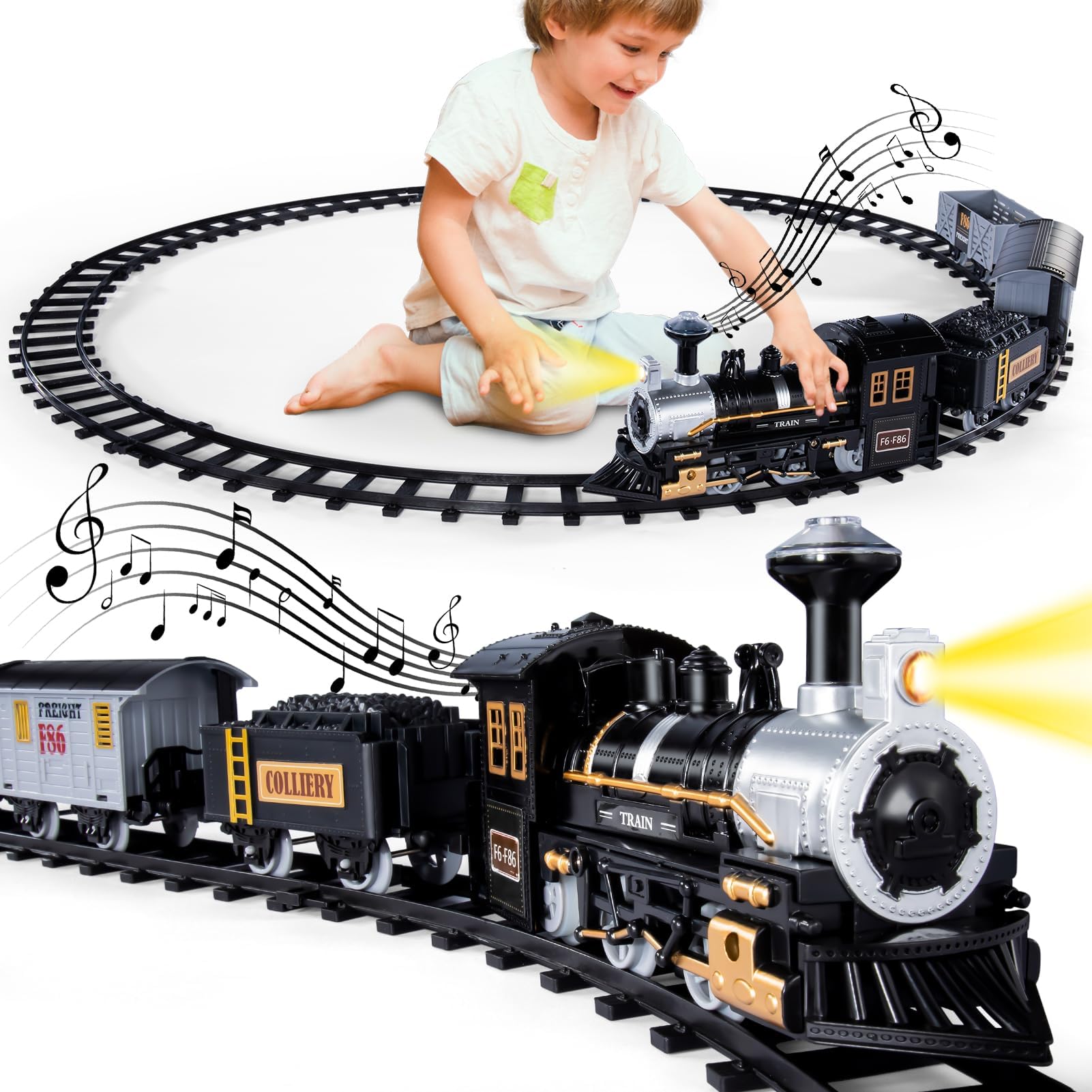 iHaHa Electric Train Set for Kids, Battery-Powered Train Toys Include Locomotive Engine, 3 Cars and 10 Tracks, Classic Toy Train Set Halloween Birthday for 3 4 5 6 Years Old Boys Girls