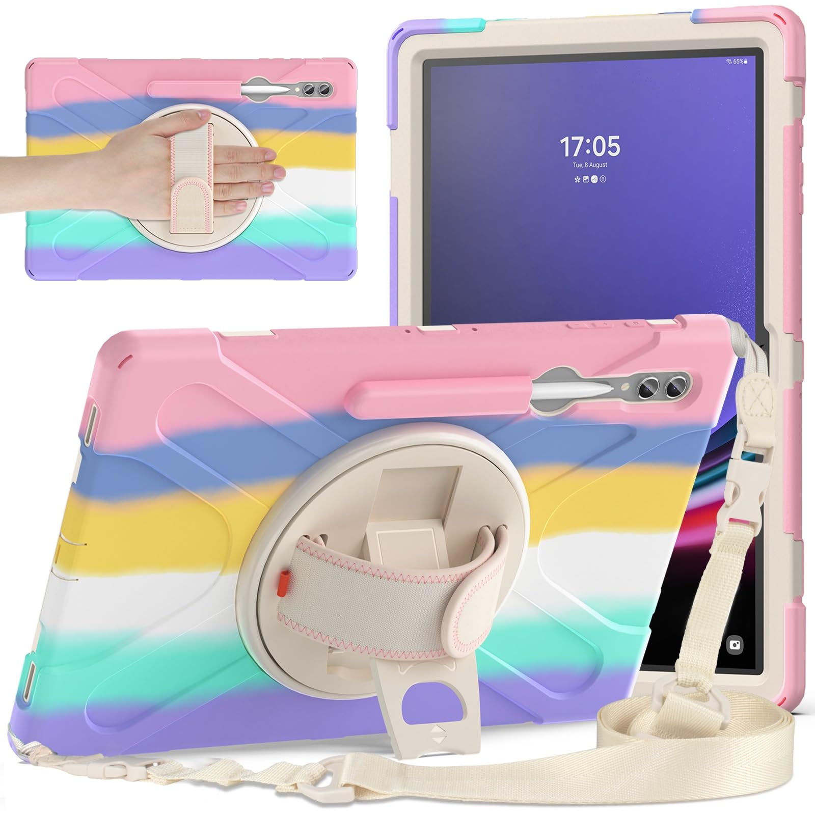 Kompatybilny z etui Samsung Galaxy Tab S8 Ultra 14,6 cala X900/X906B/X906U/X906N (2022), wytrzymałe, odporne na wstrząsy uchwytem długopis, ochronnym paskiem ramię(Pembe)