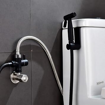 Tecmolog Toilet Sprayer Kit Stainless Steel Hand Held Bidet Sprayer Black Cloth Diaper Washer Portable Shattaf with Hose, Shattaf Holder, WS024CF