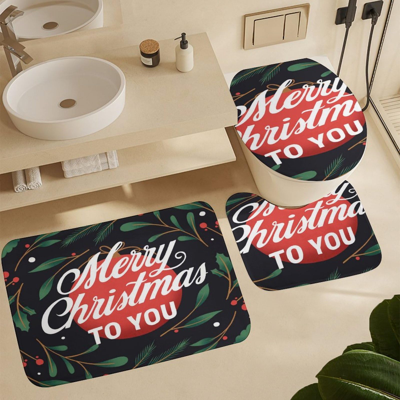 Feliz Navidad Baño de Cuatro Piezas Tappeto De Baño Absorbente Y Antideslizante, Ideal para Usar En Ducha Y Mantener El Suelo Seco 183×183cm