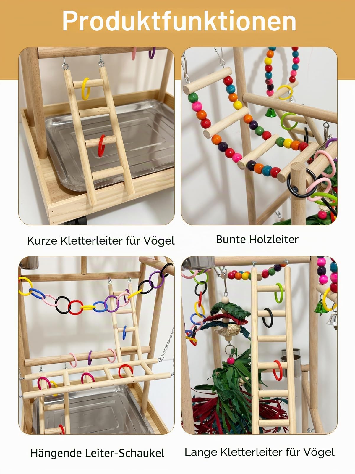 4-stöckiger großer Vogelspielplatz aus Holz mit Rädern, Naturholz Papageien Spielständer Vögel Sitzstange Ständer Fitnessstudio mit Leiter Spielzeug Zubehör für Nymphensittiche Kakadu Quaker