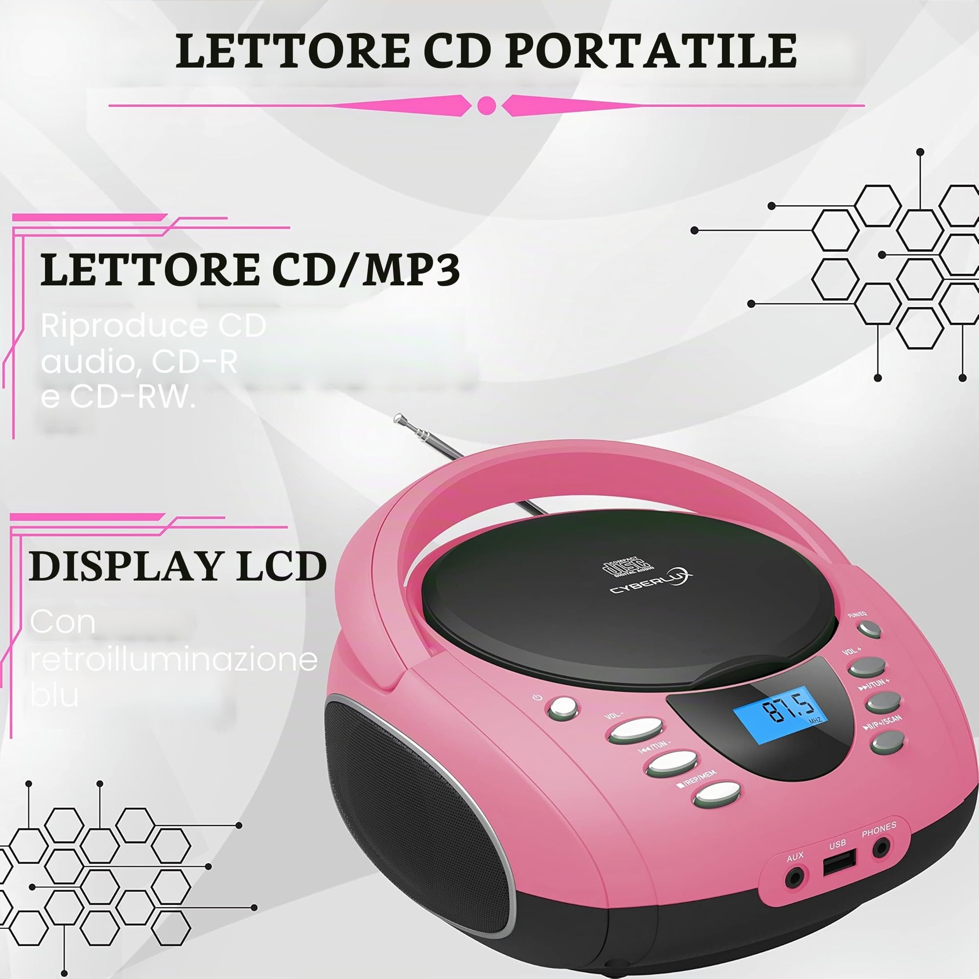 Boombox portatile lettore CD CD-R USB radio FM AUX jack cuffie impianto stereo compatto rosa Pretty Pink