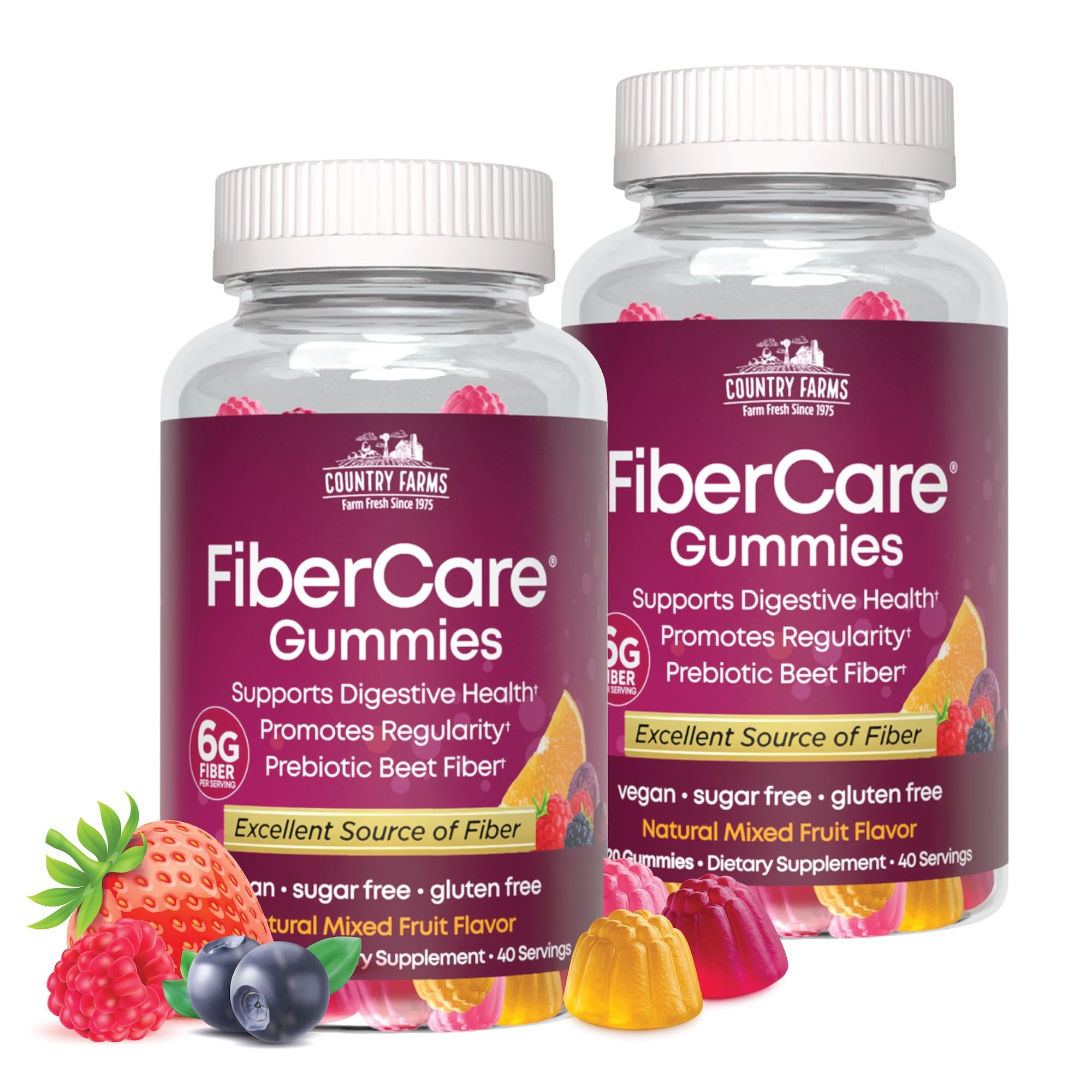 Country Farms Fiber Care Prebiotic Gummies, 6g of Fiber Per Serving, FOS from Beets, Digestive Health, Supports Regularity, Mixed Fruit Flavor