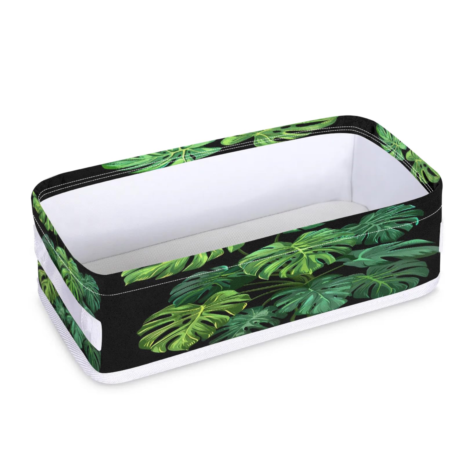 Tablerazzi Toilet Tank Topper Paper Basket with Handle, Tropical Palm Leaves Bathroom Storage Basket for Organizing, Green Palm Monstera Leaf Small Fabric Storage Bins for Bathroom Decor