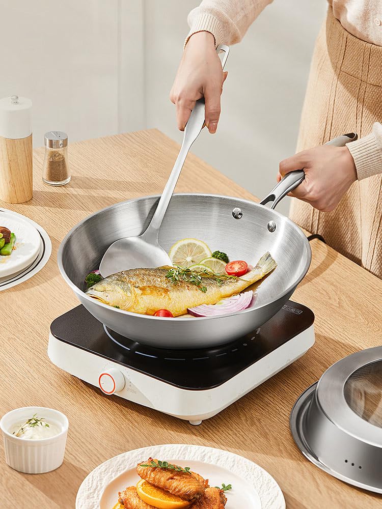 Rosenstein & Söhne Wok: Edelstahl-Wokpfanne, unbeschichtet, für alle Herdarten, Ø 28 cm (Edelstahlpfanne, Pfannen für Elektroherd, Gaskocher)