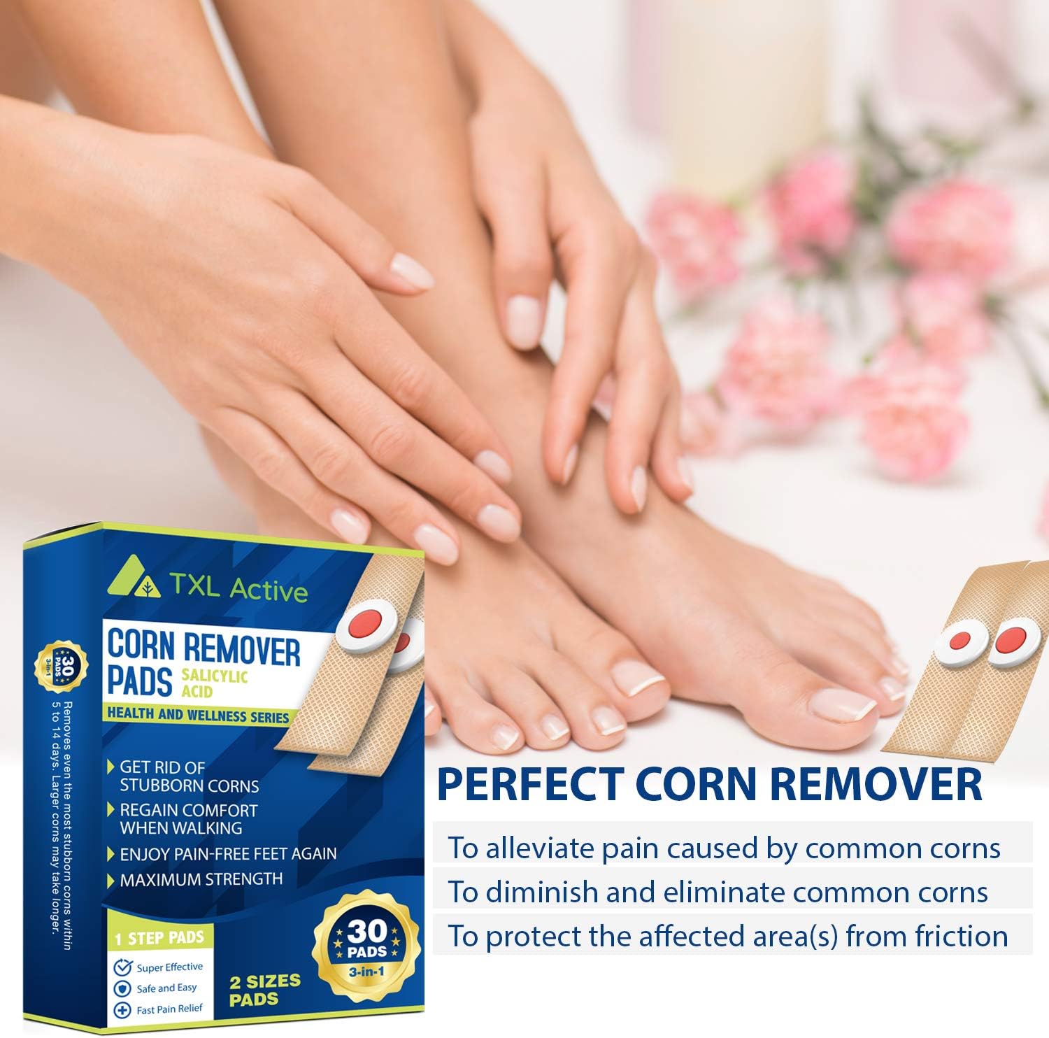 TXL Active Corn Remover Pads, Remove Corns Fast, One Step Pads, Cushioning Protection Against Shoe Pressure, 30 Pads : Health & Household