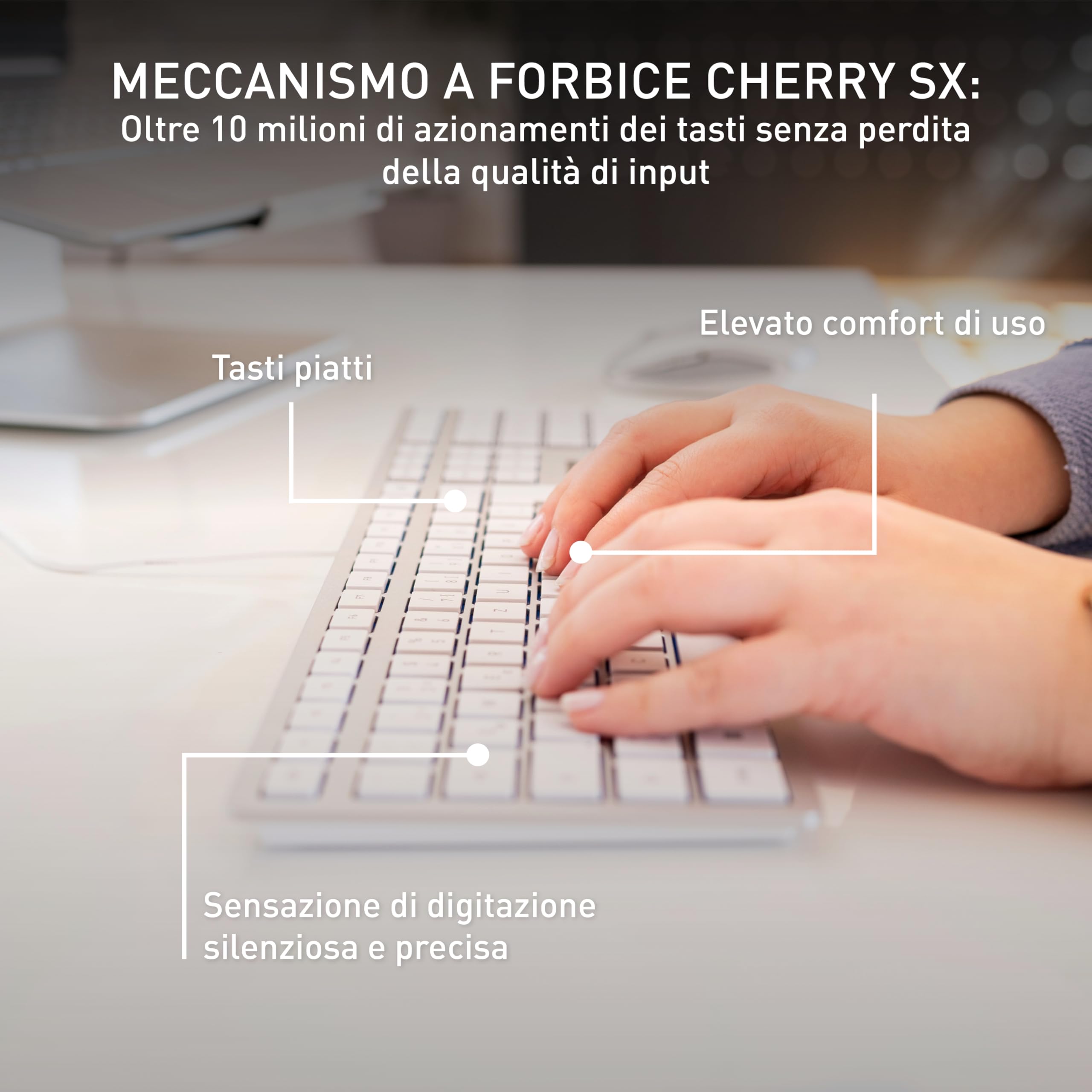 CHERRY KC 6000 SLIM, Tastiera di design Ultrapiatta, per la Germania QWERTZ, Con Filo Porta USB-A, Tasti Silenziosi, Scritte a lunga Durata, Argento, Tedesco - QWERTZ