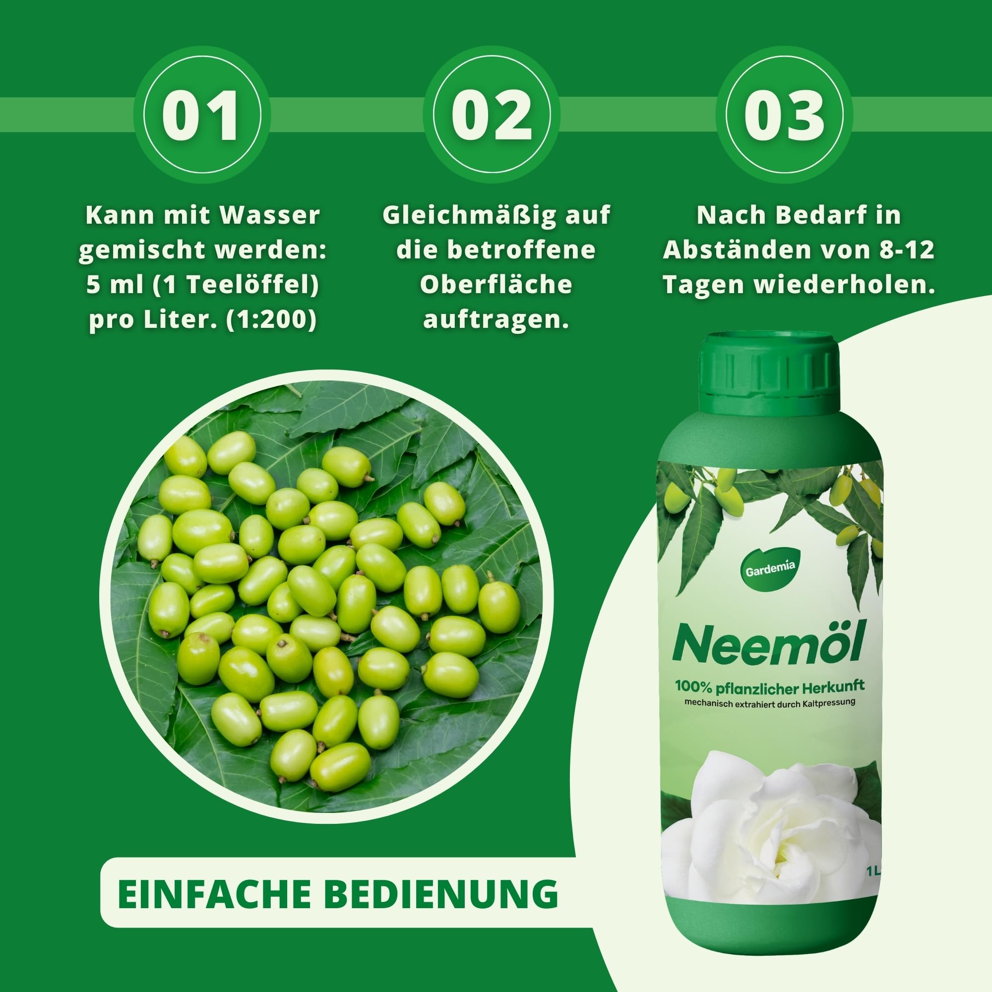 Gardemia Neemöl mit Emulgator 1L mit Wasser mischbar 100% pflanzlichen Ursprungs mechanisch durch Kaltpressung der Früchte des Neembaums extrahiert