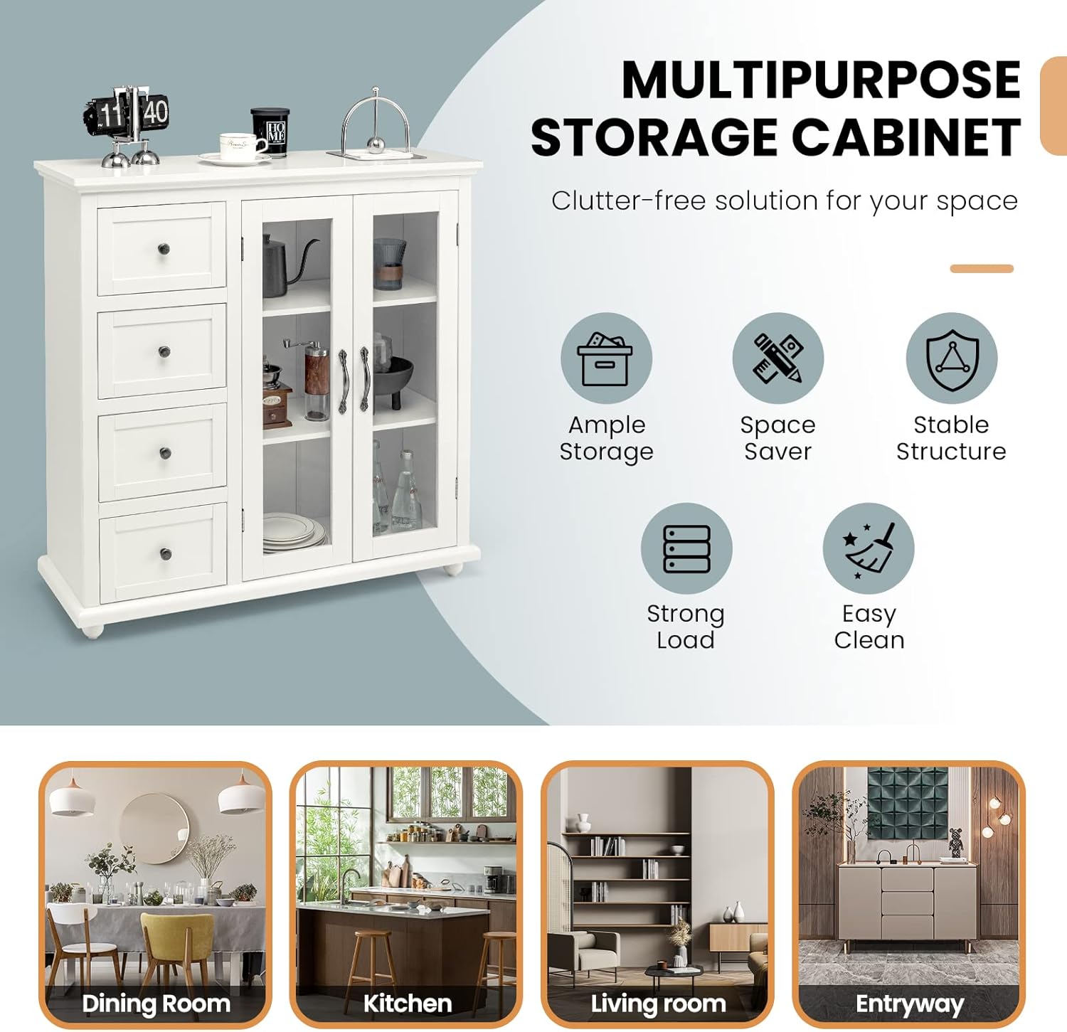 Rainfally Buffet Storage Cabinet, Sideboard Buffet Cabinet w/ 4 Drawers & Dual-Open Glass Doors, Kitchen Console Table, Dining Room Cupboard, Accent Buffet Glass Cabinet, 36L x 12W x 36.5H (White)