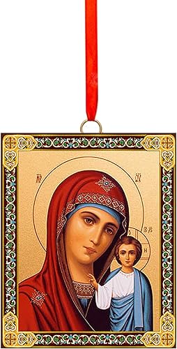 Adorno de Navidad católica ortodoxa virgen y niño, icono de Virgen María, Kazán, Cristo, bebé, Jesús, icono de madera, adorno de 2 caras, cinta