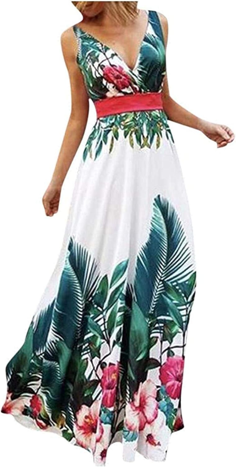 Women Floral Bohemian Tank Maxi Dress v Neck Sleeveless Swing Casual Summer Beach Party Dress at 