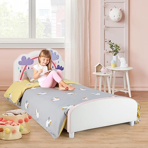 Miniatura 4 de HONEY JOY Marco de cama individual para niños, plataforma de cama individual de madera con cabecera y base de listones, no necesita somier, muebles