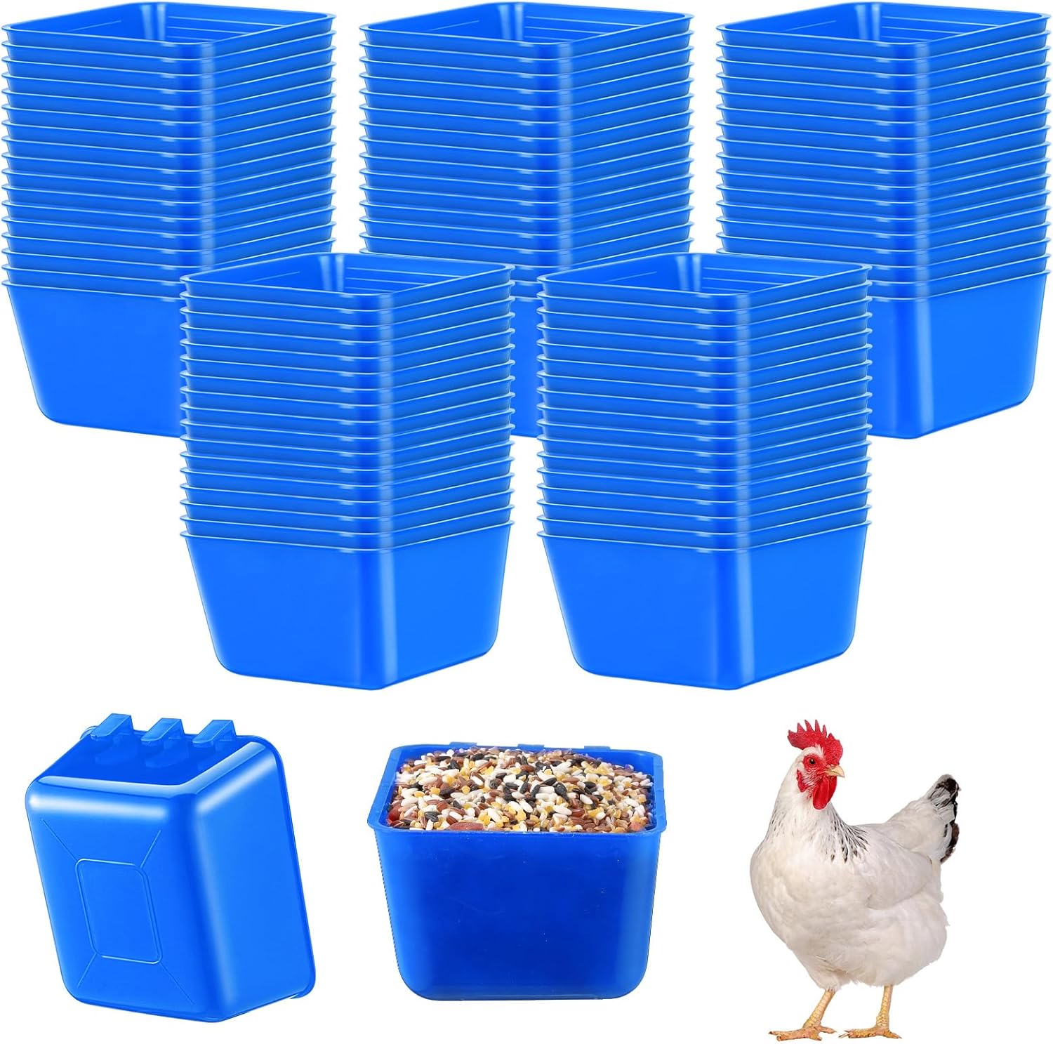 Maxdot 50 Pcs Cage Cups Chicken Feeder Cups 16 oz Hanging Bird Food Water Bowl Bunny Cage Feeding Dish for Pet Parrot Rooster Parakeet Gamefowl Poultry Pigeon(Blue)