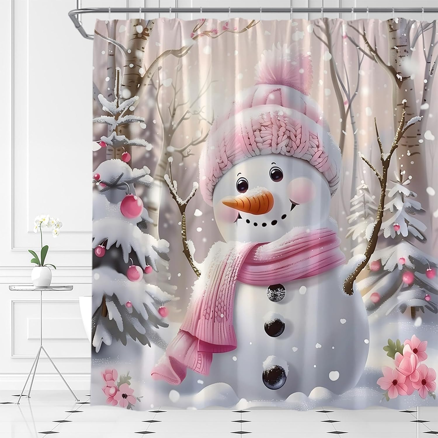 Pink Snowman Shower Curtain Christmas Winter Forest Xmas Pine Tree Snowflake Farmhouse Holiday Rustic Cute Bathroom Curtain Fabric with Hooks(90" Wx70 H)
