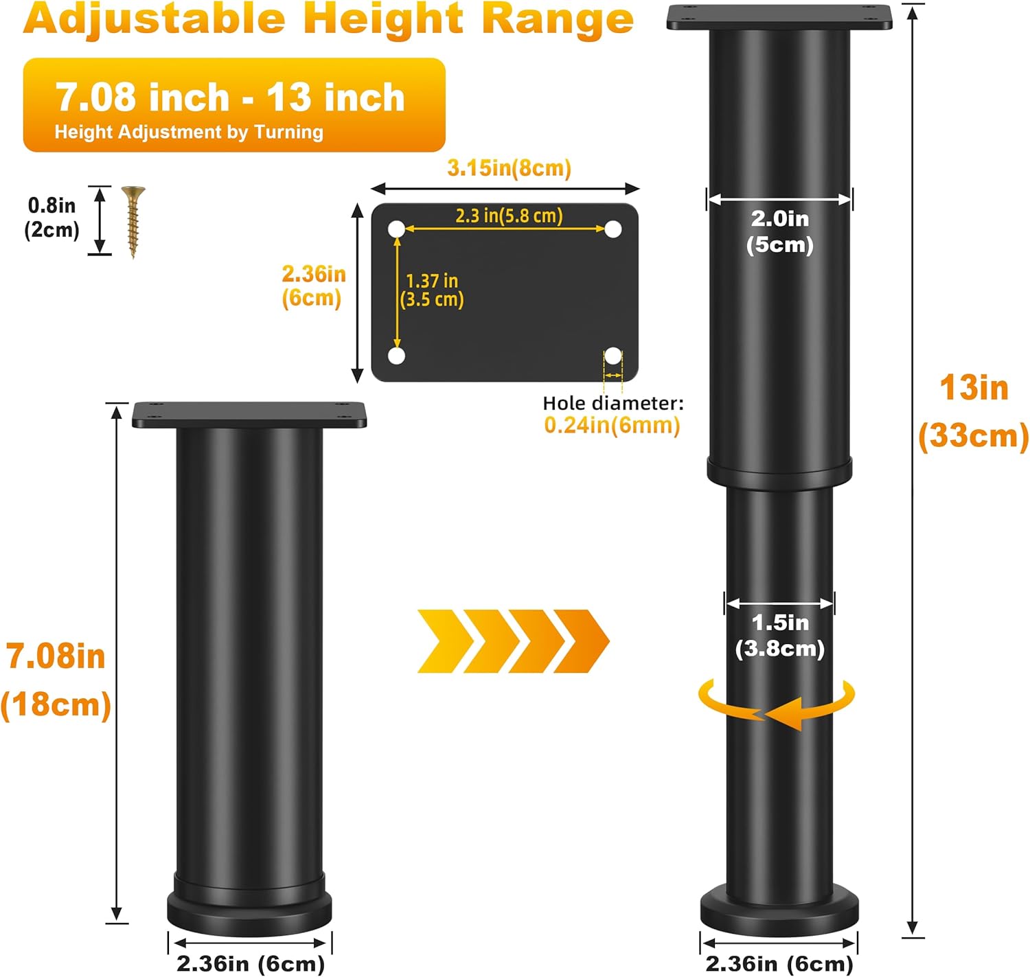 4 Pcs Adjustable Bed Support Legs for Bed Frame/Bed Center Slat, Metal Adjustable Furniture Legs 7.08-13 inch for Bed/Sofa/Cabinet/Couch/Dresser/Table, Thickened Heavy Bed Replacement Legs