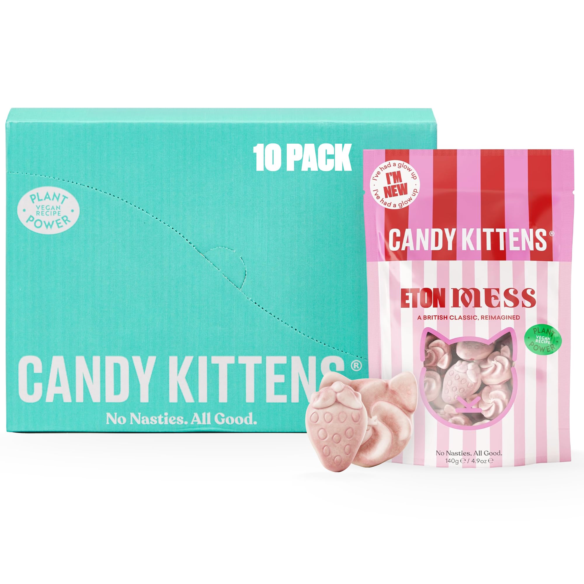 Candy Kittens Vegan Sweets, Eton Mess (140g, Pack of 10) – Fizzy Sweets Naturally Made with Strawberry Juice, Plant-Based Ingredients, No Nasties, Vegan Snacks for All, Made with Real Fruit Juice