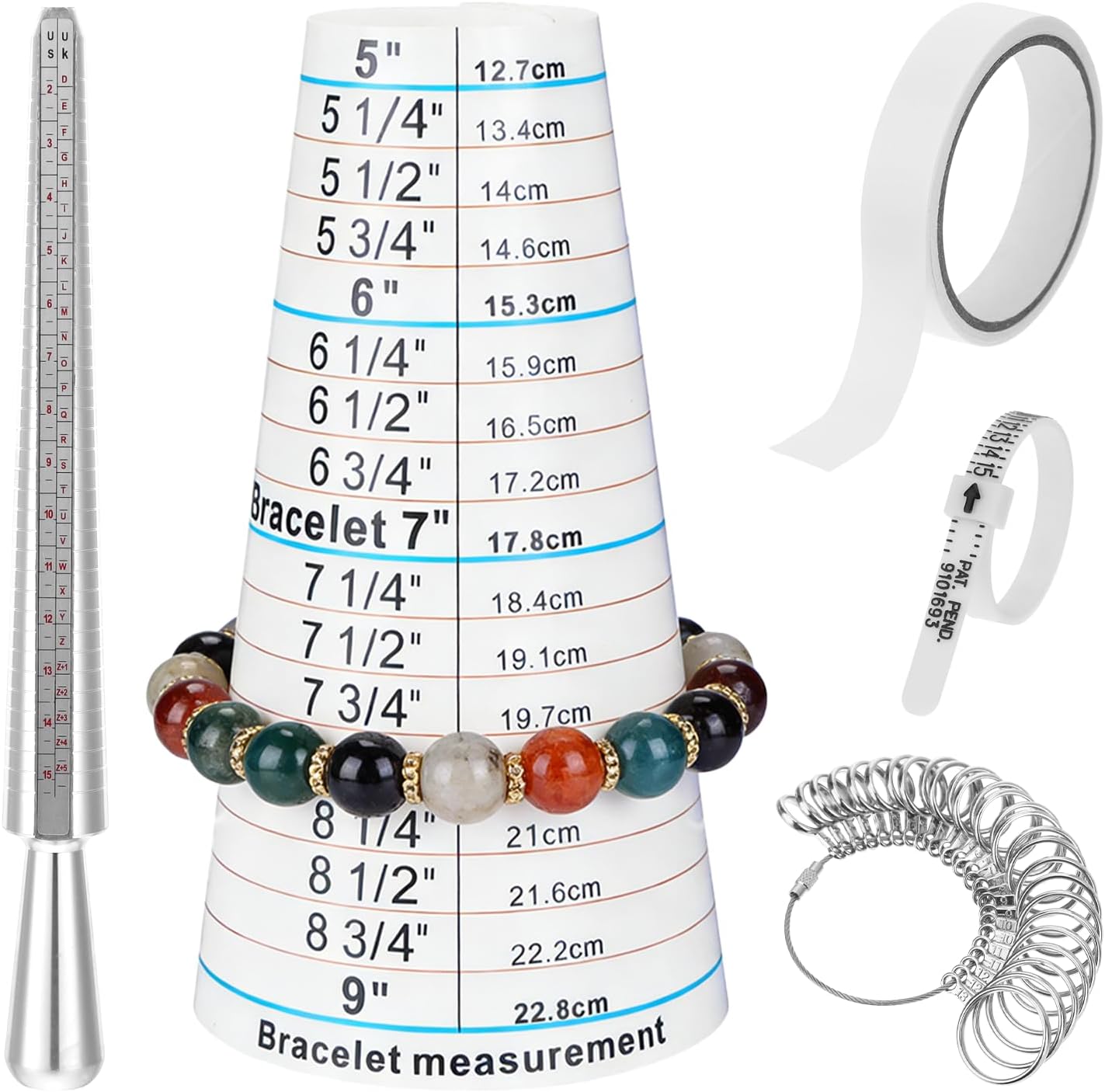 5-in-1 Ring Sizer Measuring Tool Kit, Bracelet Mandrel (5-9 in / 12.7-22.8 cm), Aluminum Ring Sizer Mandrel Stainless Steel Rings Gauge Set, Professional Wrist Finger Measurement Kit with Tape
