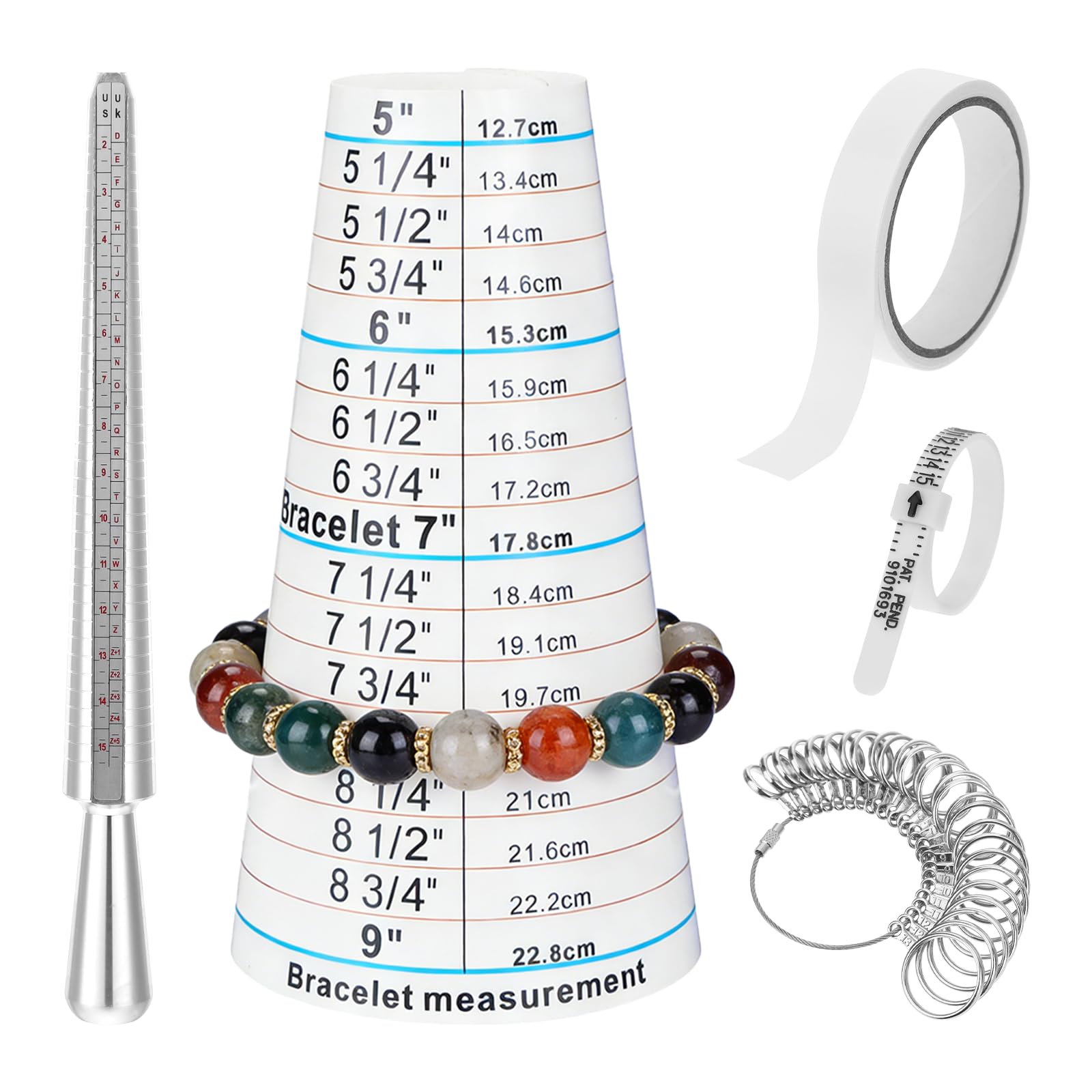 5-in-1 Ring Sizer Measuring Tool Kit, Bracelet Mandrel (5-9 in / 12.7-22.8 cm), Aluminum Ring Sizer Mandrel Stainless Steel Rings Gauge Set, Professional Wrist Finger Measurement Kit with Tape