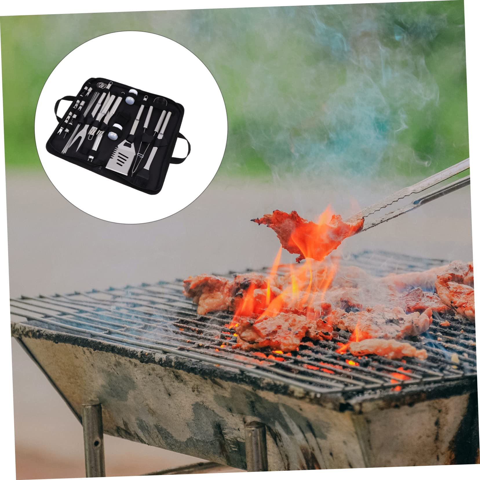 Juego de Utensilios para Barbacoa Portátil 1 Set de Acero Inoxidable | Negro, Tenedor, Cortador, Cepillo y Pala, Almacenamiento Fácil, Uso Práctico para Exterior