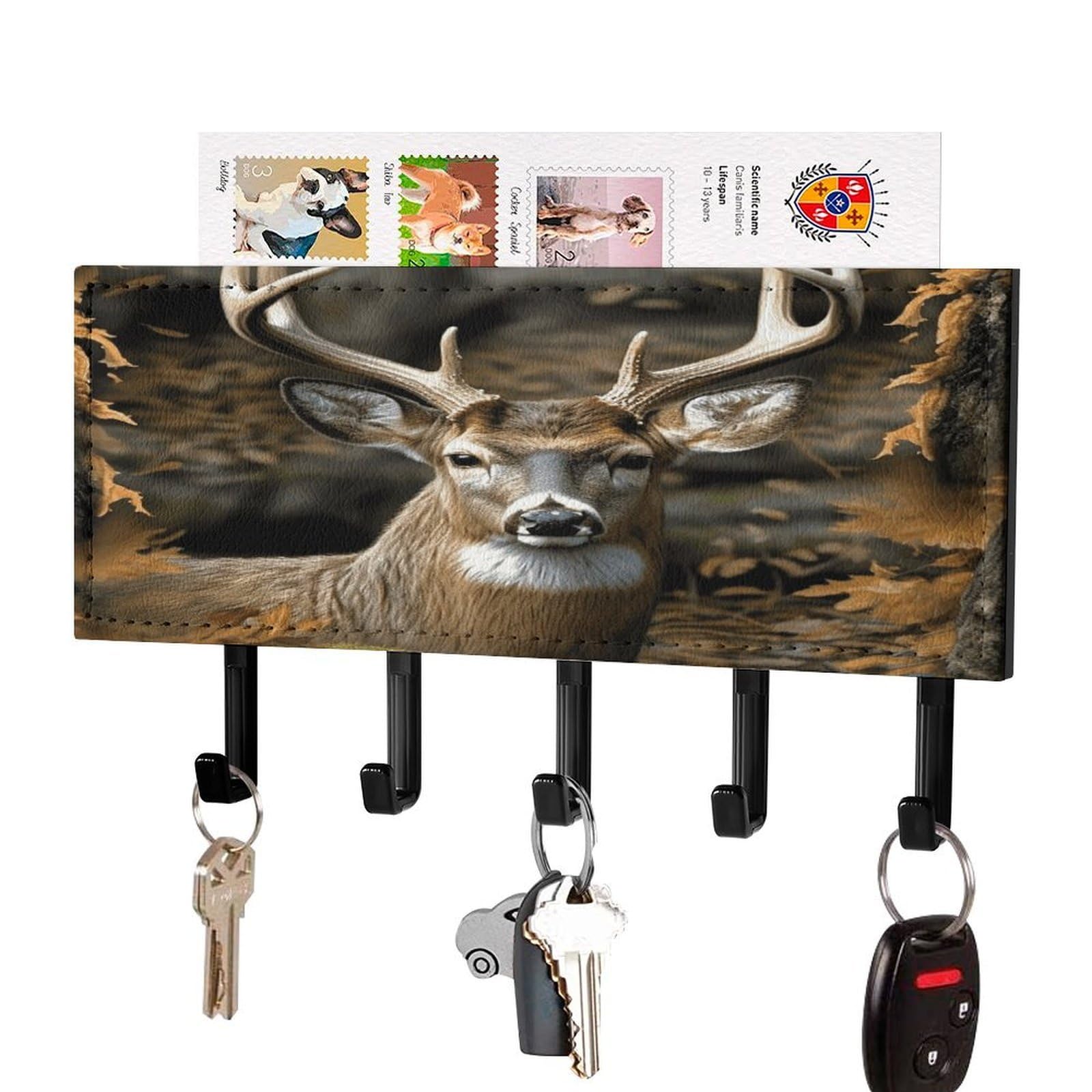 FekiLoot Camouflage Deer Key Holder Wall Mount Key Hanger with 5 Hooks Decorative Key Rack Hanging Key Hooks with Mail Organizer Key Holder for Wall Living Room Kitchen Bathroom Hallway Black