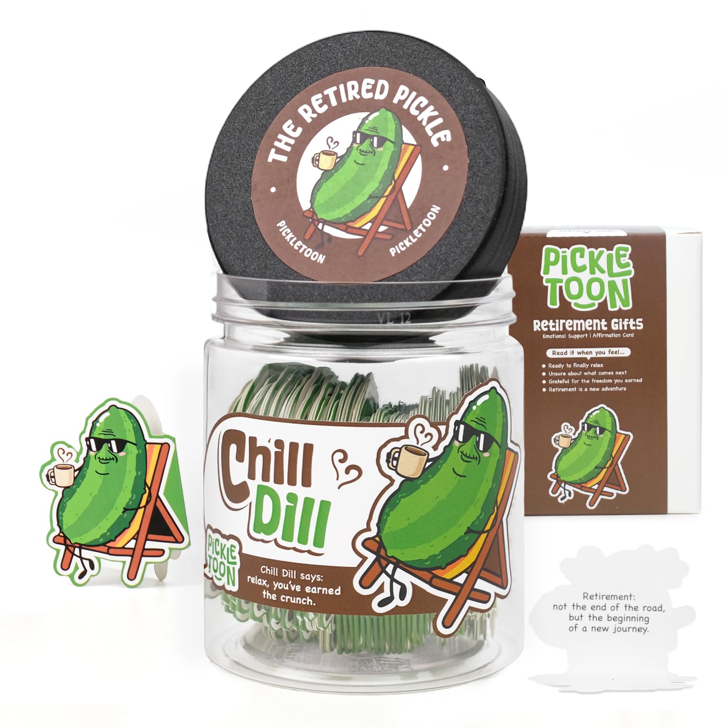 Happy Retirement Gifts for Women &amp; Men, Positive Pickle Jar with 60 Affirmation Cards (CHILL DILL) Funny Retirement Gift for Coworker, Boss &amp; Friends, Farewell, Leaving &amp; Going Away Desk Decor