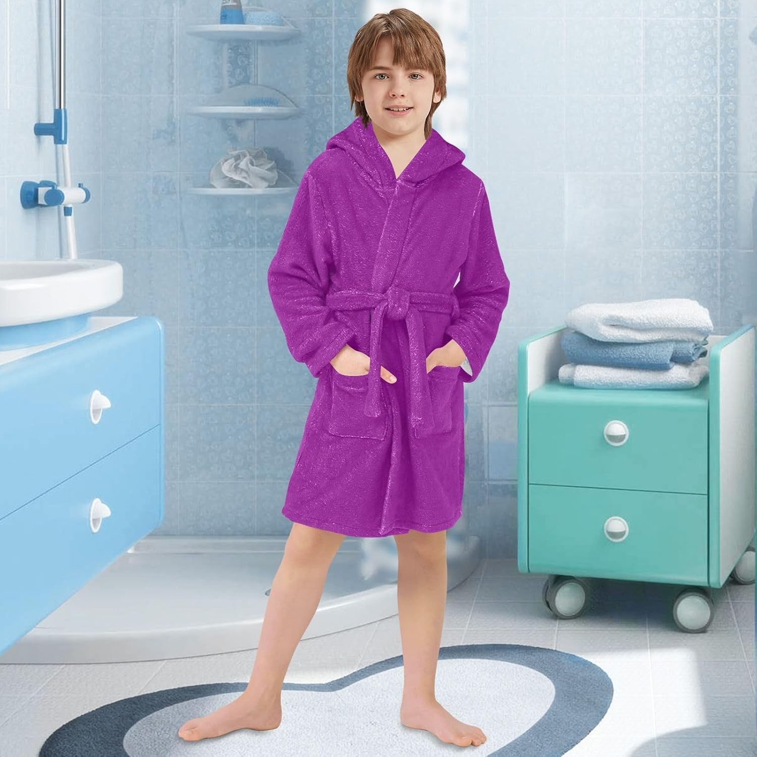 ODAWA Dark Magenta Kids Bathrobe, Soft Plush Hooded Towel Robe for Boys Girls, Quick Dry Bath Wrap with Pockets