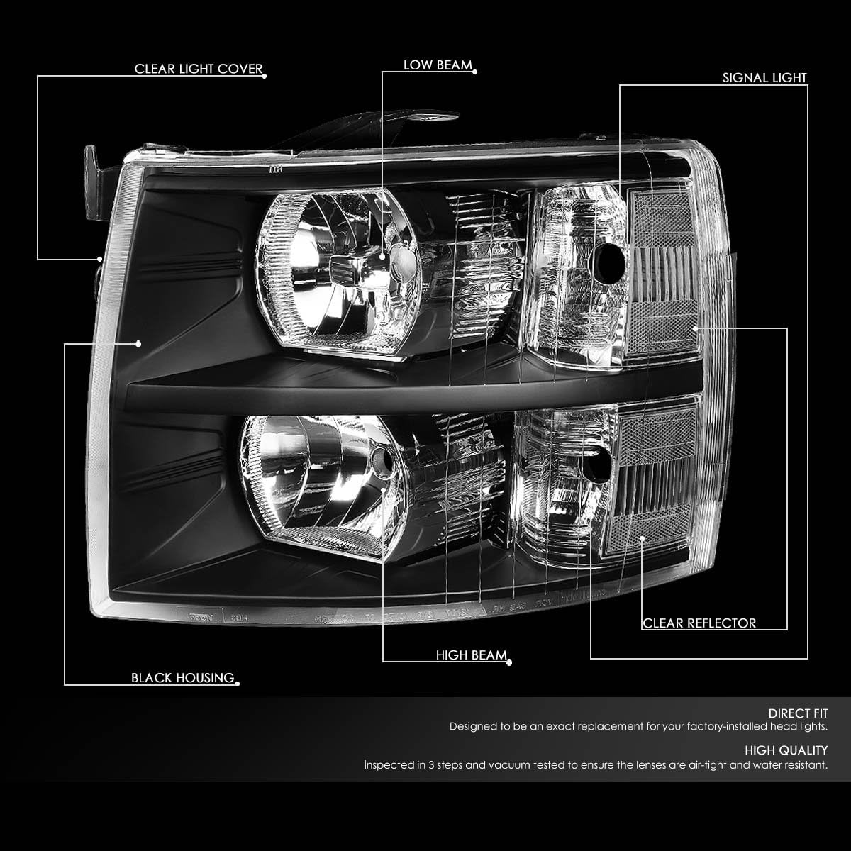 Auto Dynasty Compatible with 07-14 Chevy Silverado Black Housing Clear Croner Headlight+3D LED C-Bar Tail Lamp