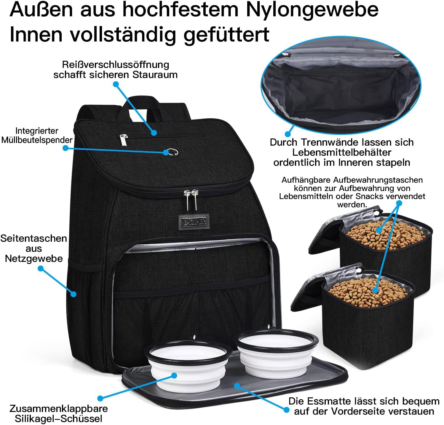 BAGLHER丨Dog Travel Bag, Airline Approved Pet Supplies Backpack, Dog Travel Backpack Accessories Set with 2 Silicone Collapsible Bowls and 2 Food Baskets. Black