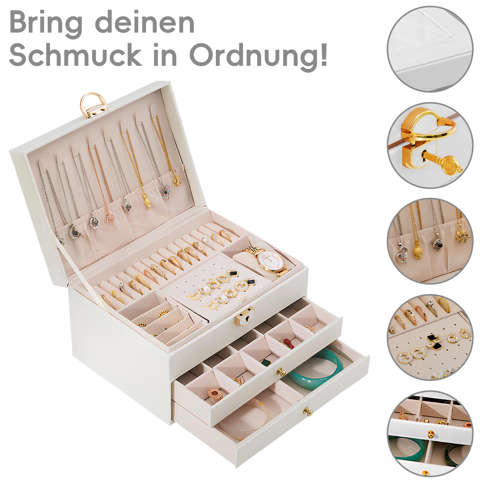 Schmuckaufbewahrung 3 Ebenen, Stapelbar Schmuckaufbewahrung, 2 Schubladen 23 * 17 * 13.5 CM (Perlweiß)