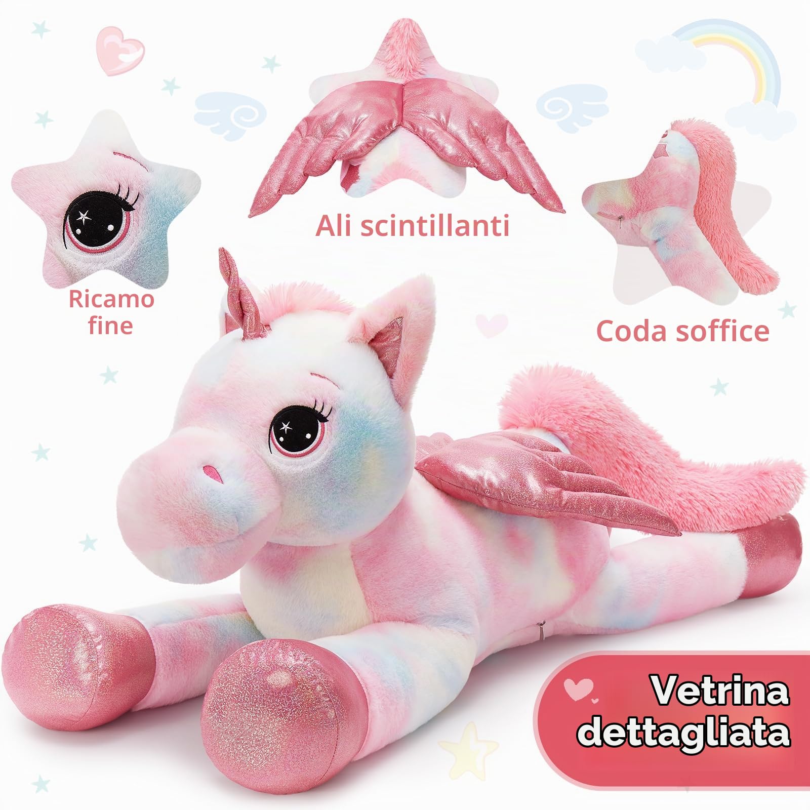 MorisMos XXL Unicorno Peluche Gigante, 110cm Tie-dye Rosa Unicorno Grande con Le Ali, Morbido di Peluche Regalo per Bambini Fidanzata Compleanno Natale
