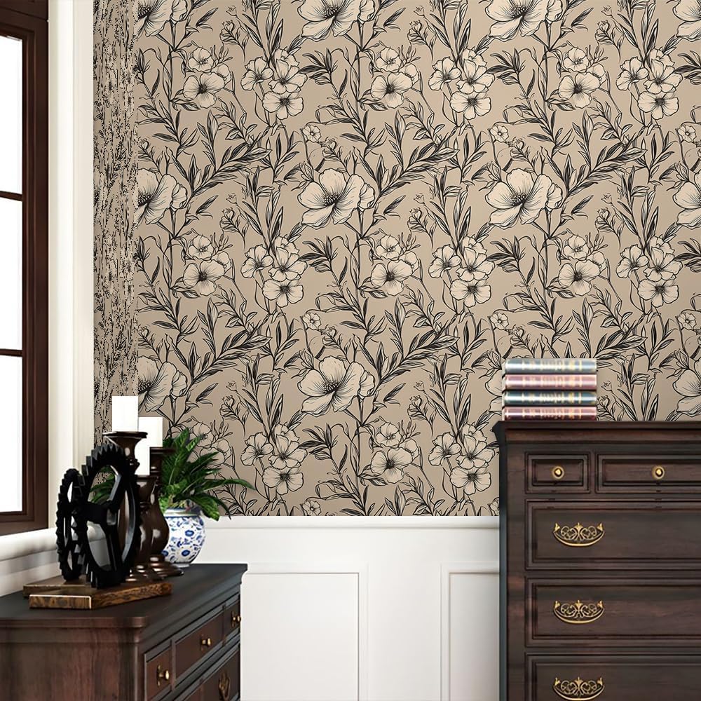 REDAMANCY Boho Abstract Brown Flower Orchids Peel and Stick Wallpaper Vintage Wall Paper Stick on Contact Paper Easy Peel Off for nightstand Drawer Renter Friendly 17.7"x236"