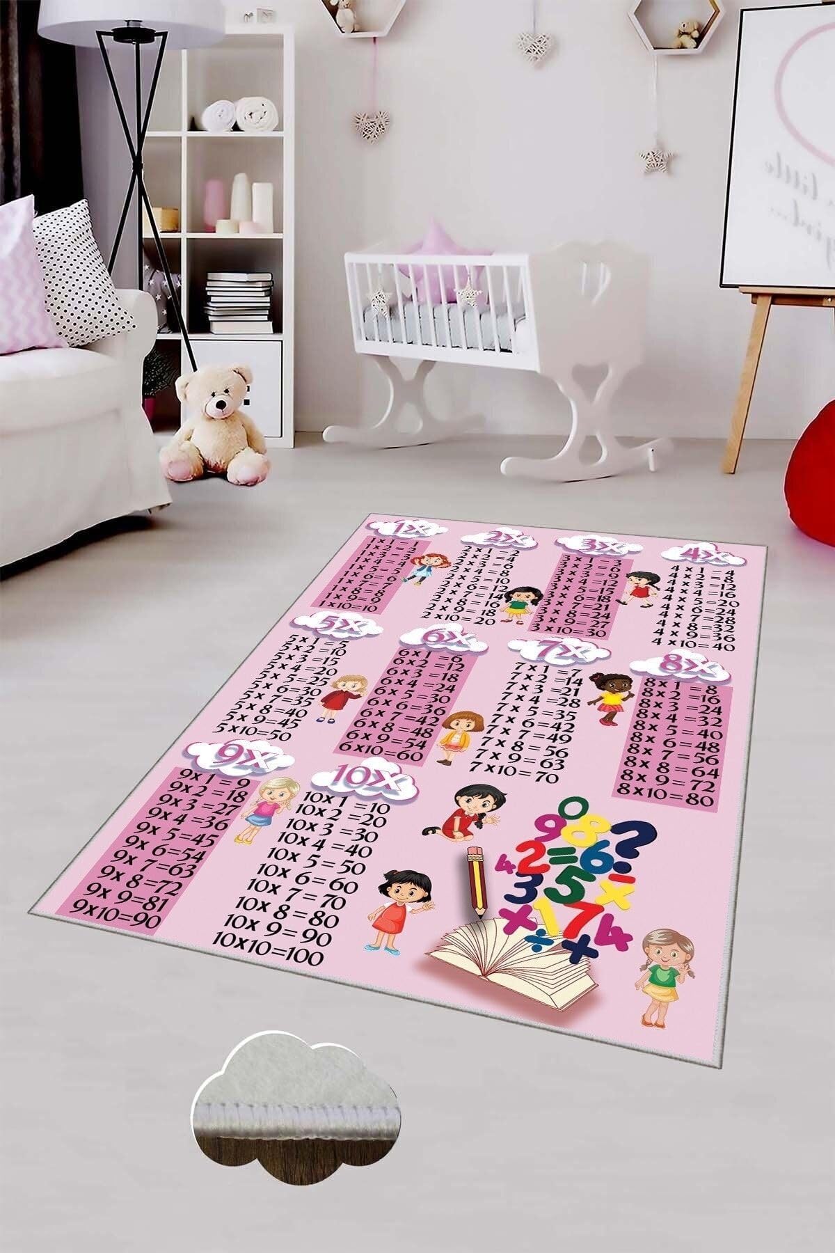 Pelangi Pembe Çarpım Tablolu Eğitici Yıkanabilir Kaymaz Taban Leke Tutmazbebek Ve Çocuk Odası Halısı, Koyu Pembe 80 x 300