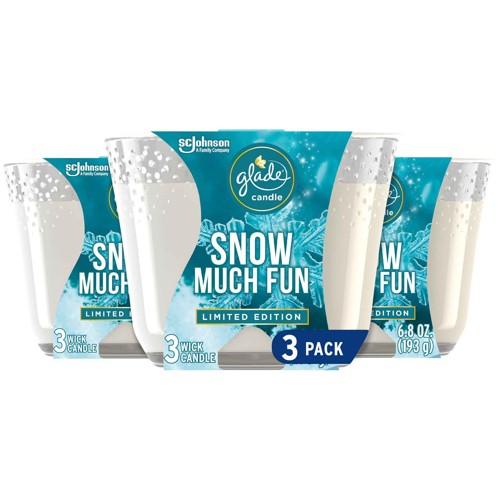 Glade Candle Snow Much Fun, Fragrance Candle Infused with Essential Oils, Air Freshener Candle, 3-Wick Candle, 6.8oz, 3 Count