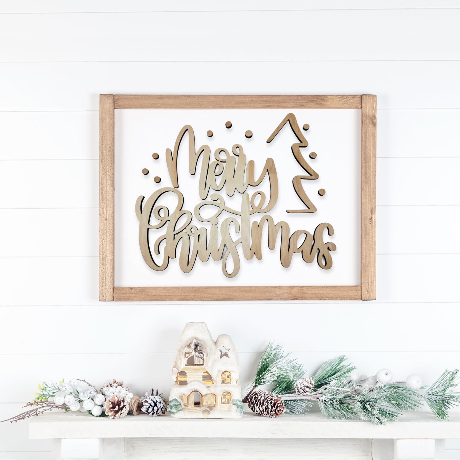 1/4" Birch Wood Merry Christmas with Tree and Snow Wood Words Cutout | Merry Christmas Wood | Christmas Wreath | Christmas Door Hanger | Wood Shapes | 20"