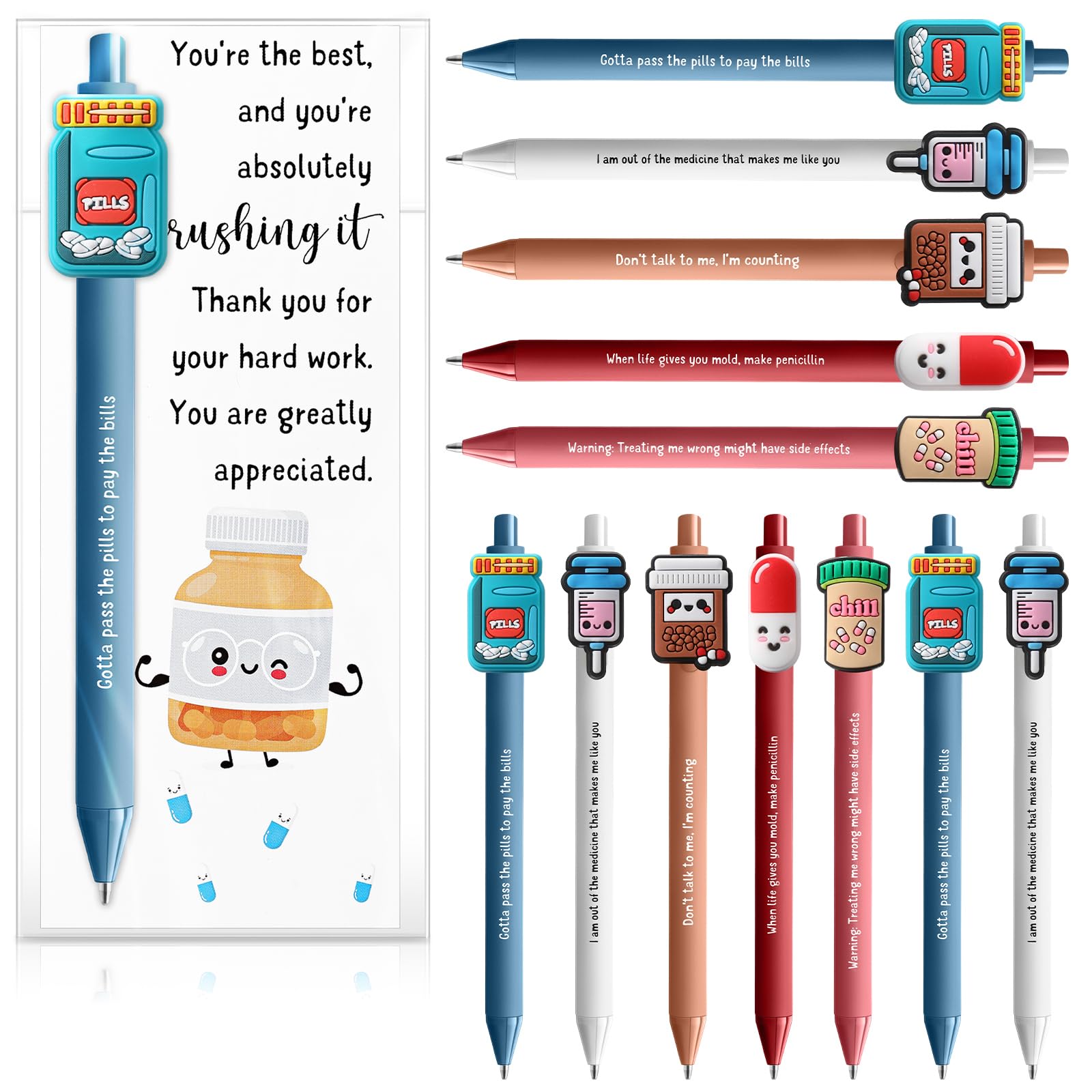 Gersoniel 30 Sets Pharmacy Gifts Funny Ballpoint Pens with Thank You Cards