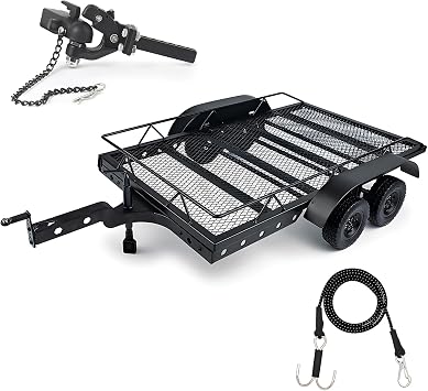 AMK RC Trailer, 1/10 Scale Trailer, Metal 1/10 RC Trailer with RC Trailer Hook Coupler and 1/10 RC Kinetic Winch Strap for 1/10 RC Crawler SCX10 TRX6 Redcat GEN8 TRX4 Upgrades