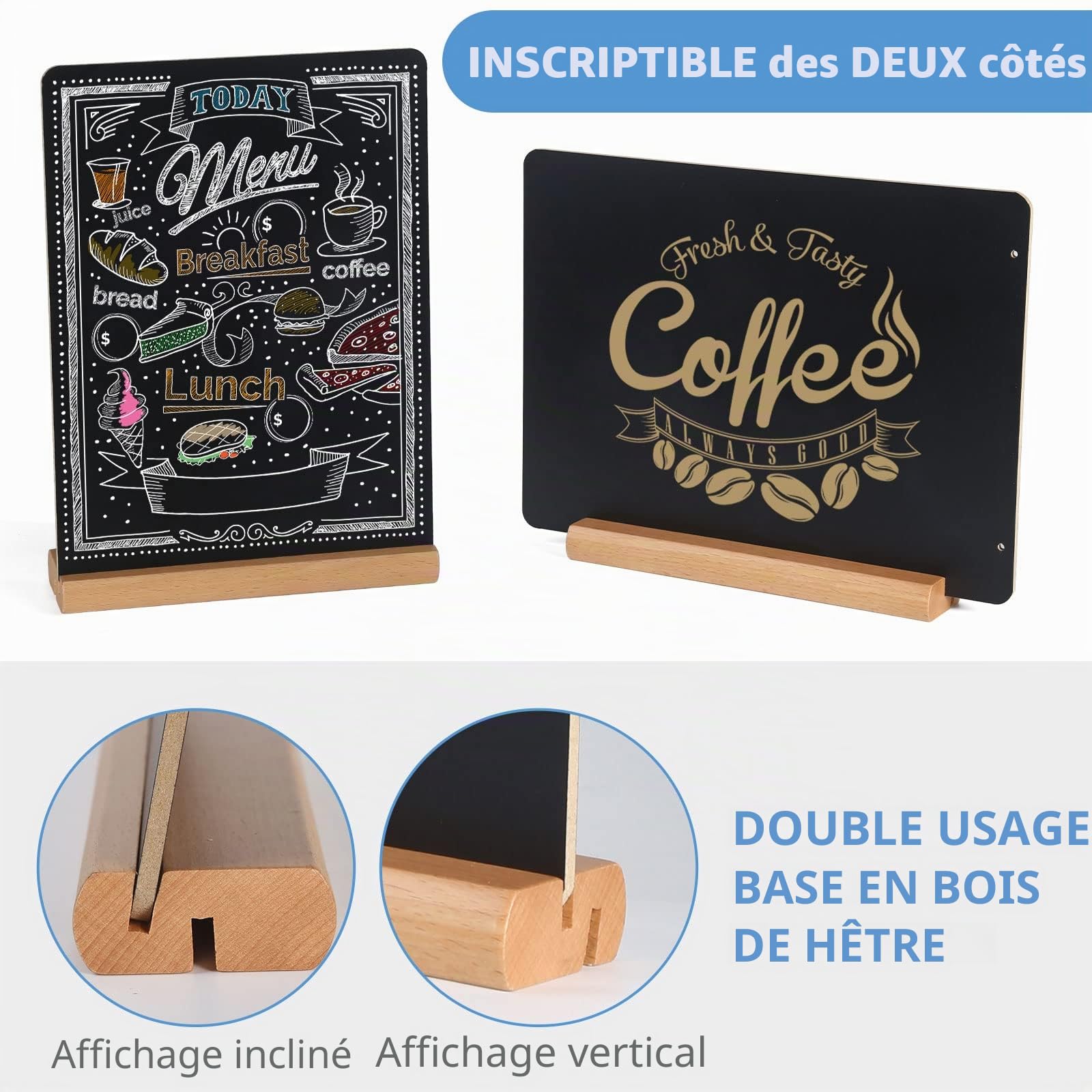 BESTOOL Lot de 4 Tableaux Noirs, Tableau Noir de Table avec Base Double Face Ardoise Buffet Signes Étiquettes de Prix Affichage Menu Boissons pour Anniversaire Mariage Bar Café, 22 x 30cm