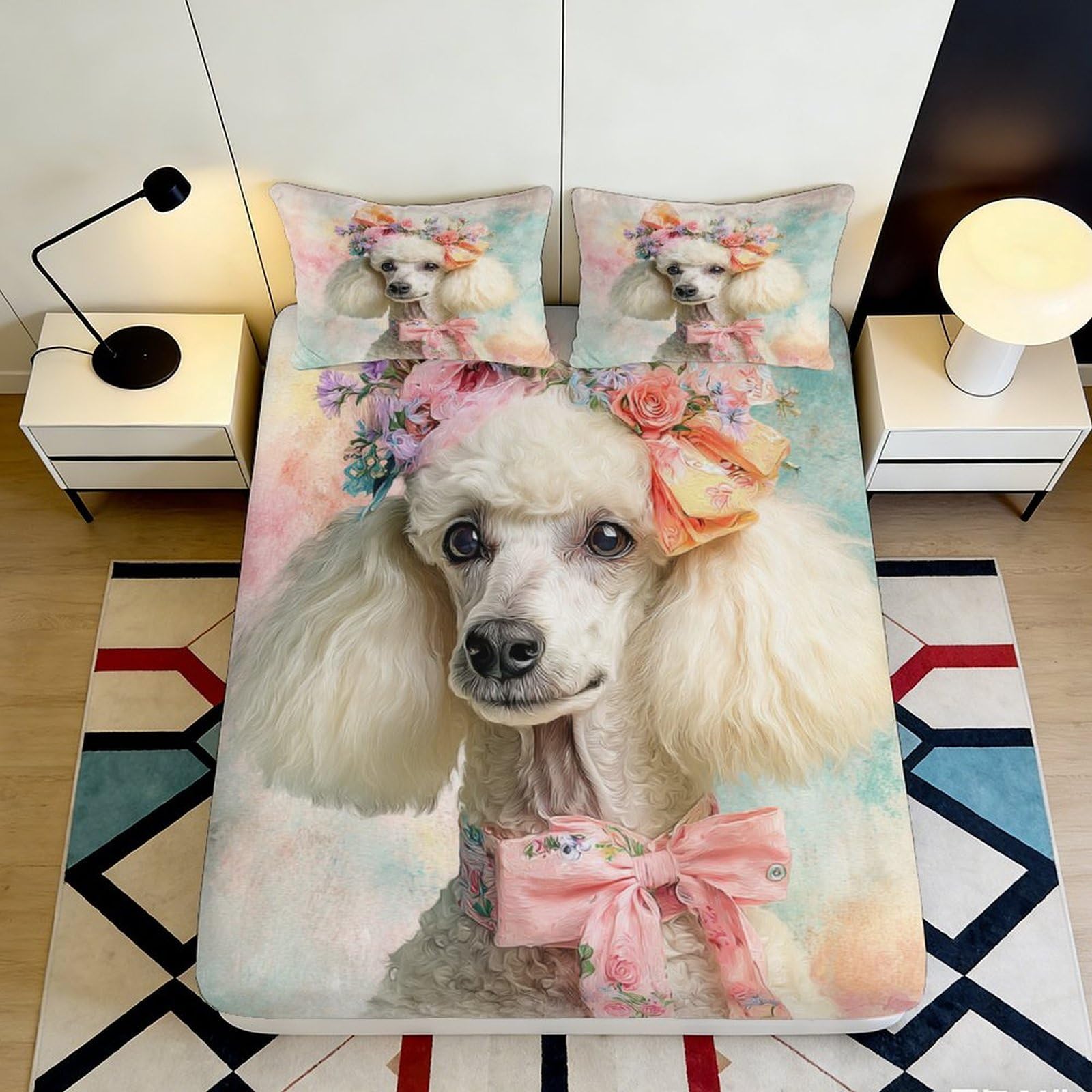 Dhbaneiok Style-7 3D Printed Poodle Bow Fitted Sheet Microfiber Soft Breathable Floral Bed Cover For Bedroom Guest Room Decor 90X200x25cm