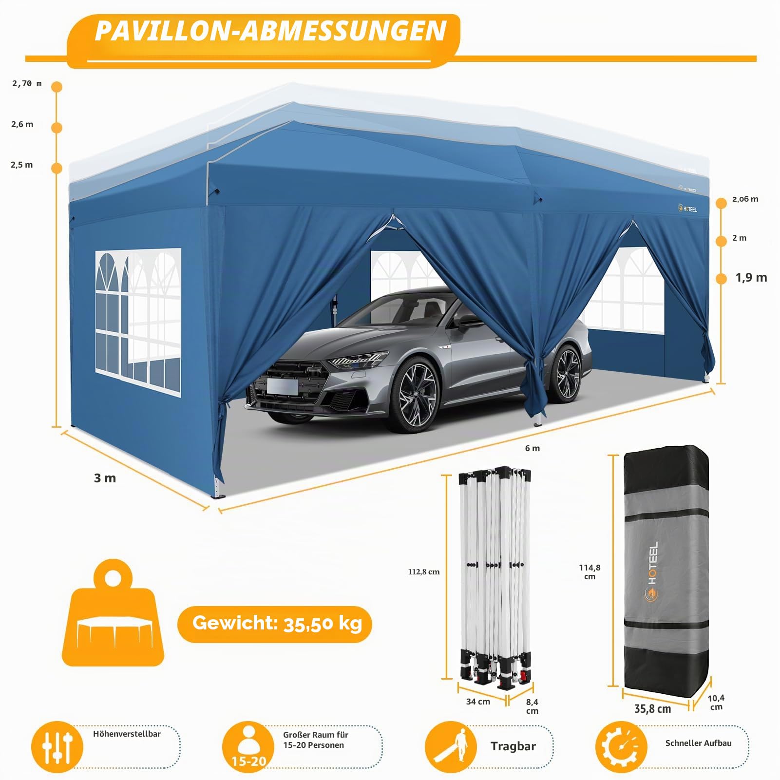 HOTEEL Pop-Up-Zelt mit Mittelschloss, 3 x 6 m, einfach aufzubauen, Baldachin mit 6 Seitenwänden, 4 Sandsäcken, wasserdichte Zelte für Partys, Hinterhof, Veranstaltungen, Himmelblau
