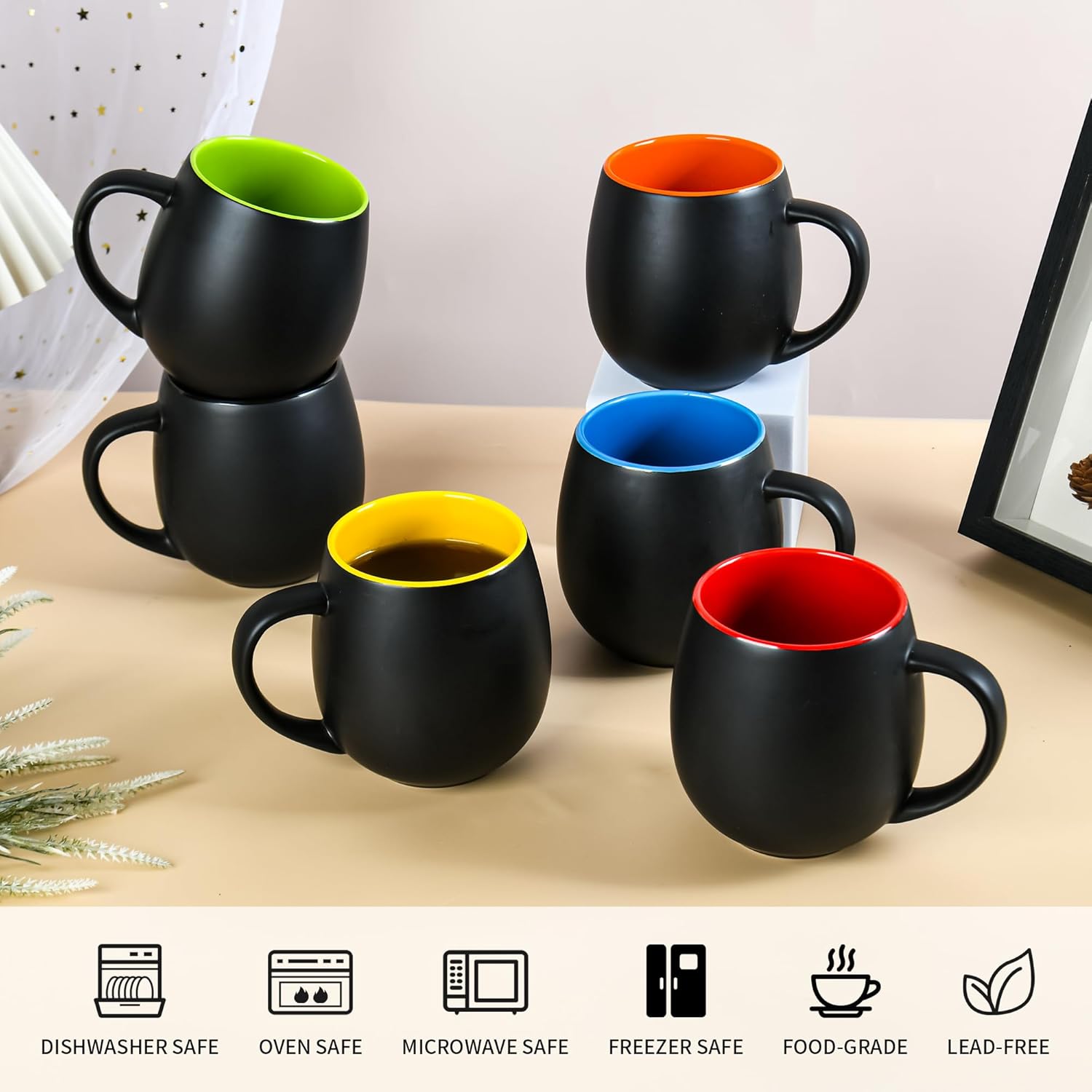 20oz ceramic Coffee Mug Sets Matte Black Porcelain Mug Multiple colors Cups for Coffee, Tea, Juice, Cocoa Set of 6 (20oz) - Image 3