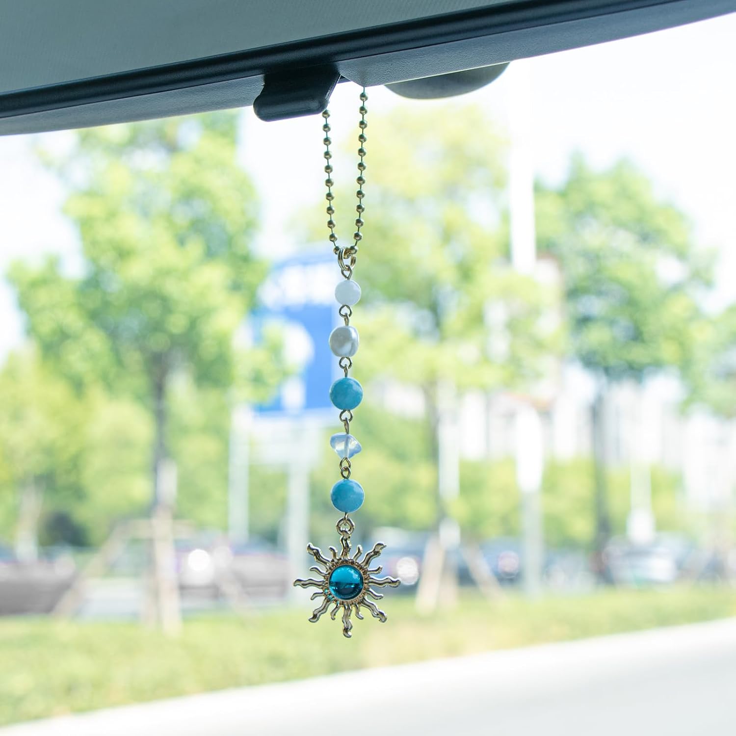 Sun Hanging Car Decor, Rear View Mirror Accessories, Cute Boho Car Accessories for Women, Handmade Charm, Natural Crystals Stones Ornament (Blue Stone)