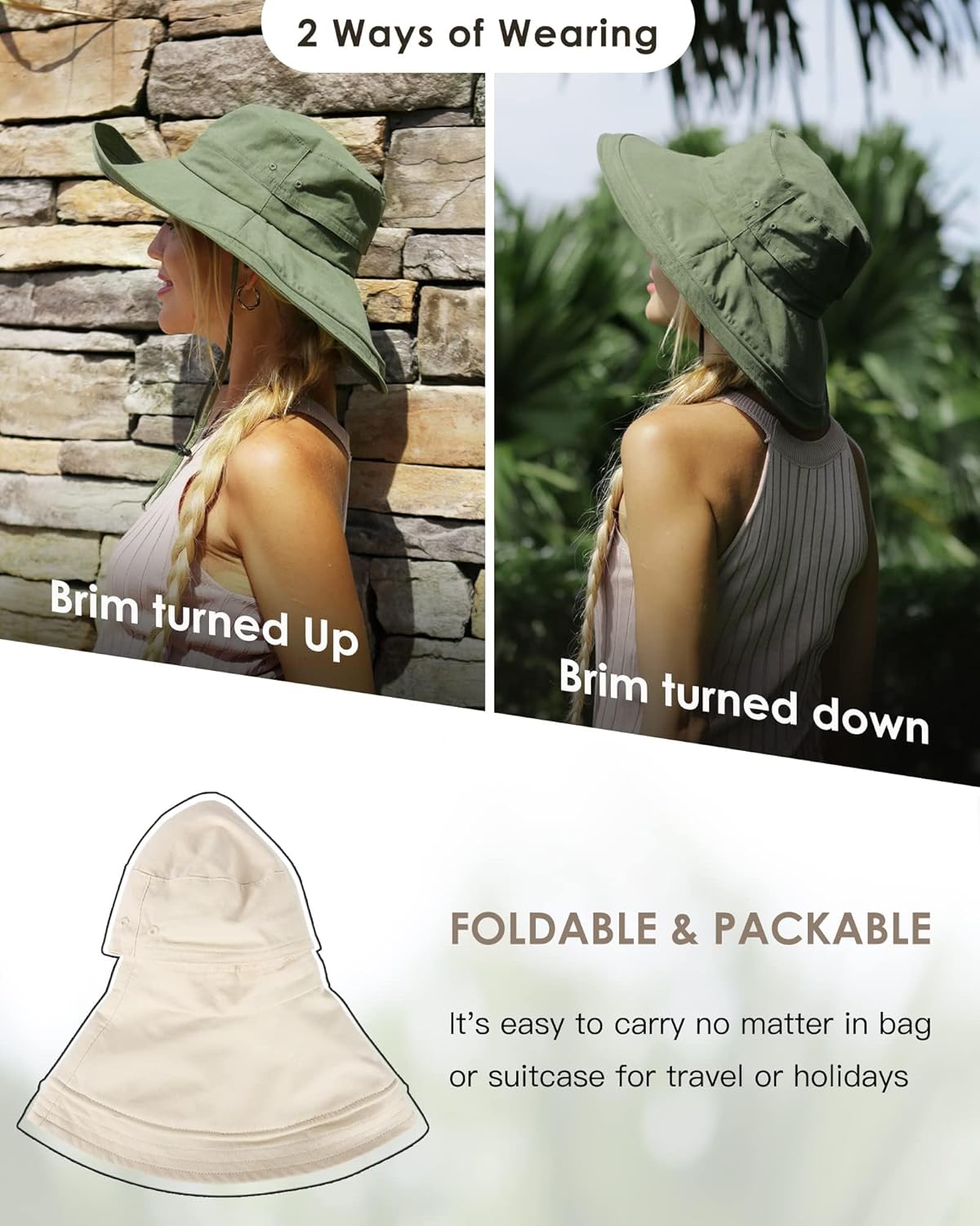 Sun Hats for Women Gardening Hat Wide Brim Ponytail Beach Sun Protection Breathable Cotton Summer Hat with Fold-Up Brim - Image 7