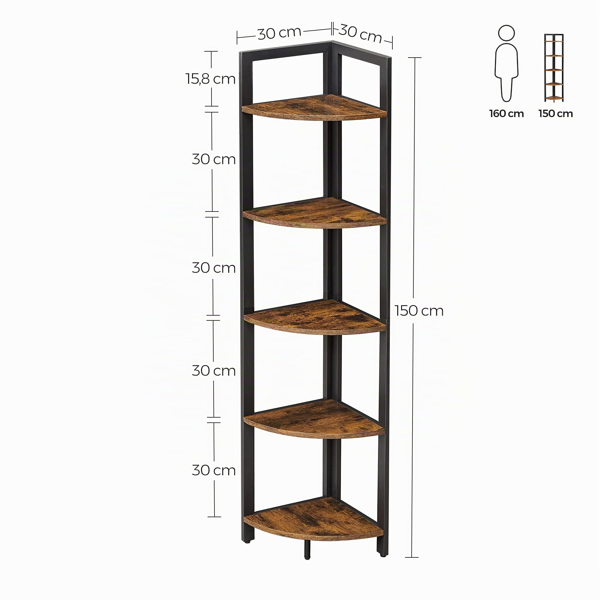 VASAGLE Étagère d'angle à 5 Niveaux, Bibliothèque du Coin, Meuble de Rangement Polyvalent, Porte-Plantes, pour Salon, Chambre, Bureau, Style Industriel, Marron Rustique et Noir LLS803B01