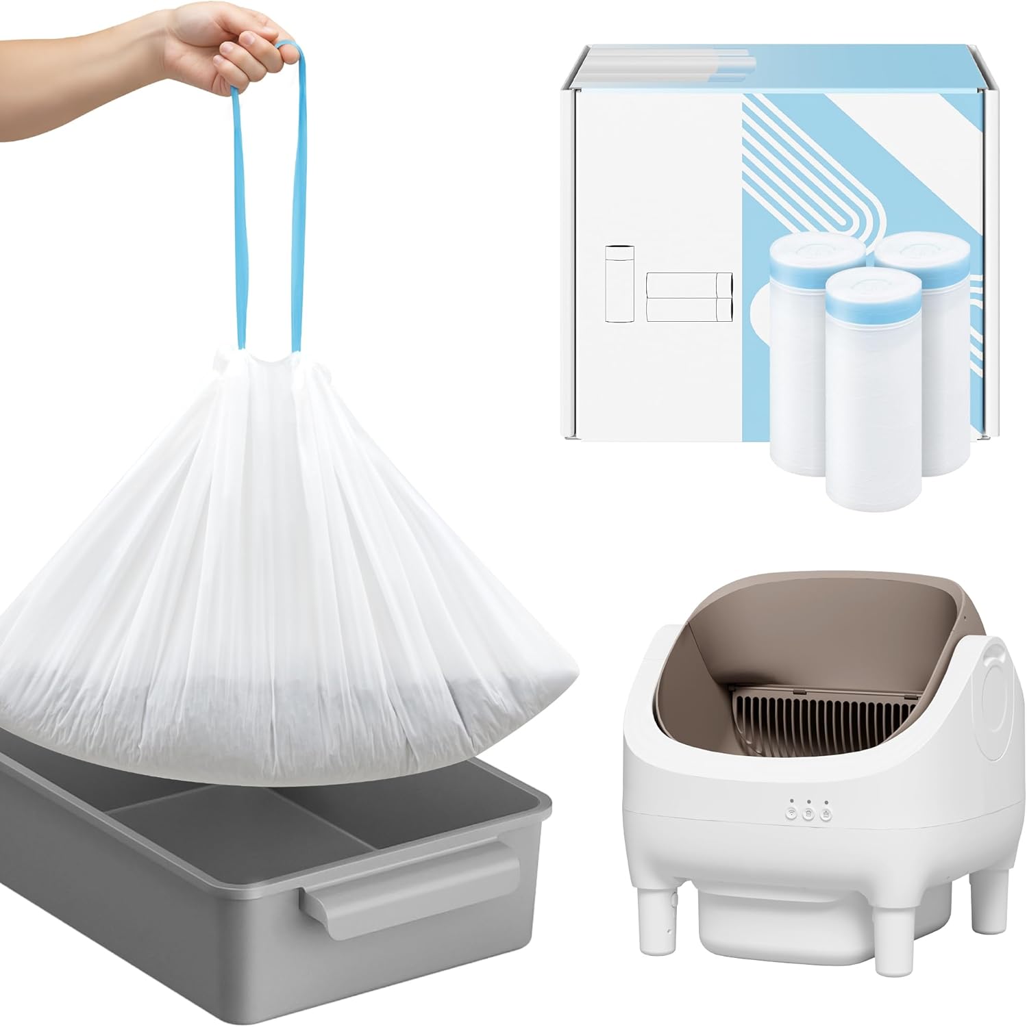 Cat Litter Box Liners for Self-Cleaning Smart Litter Boxes, 25x15 Inch Heavy Duty Leak-Proof Drawstring Litter Bags, Disposable Odor Resistant Pet Waste Bags - 3 Rolls/45 Counts Total