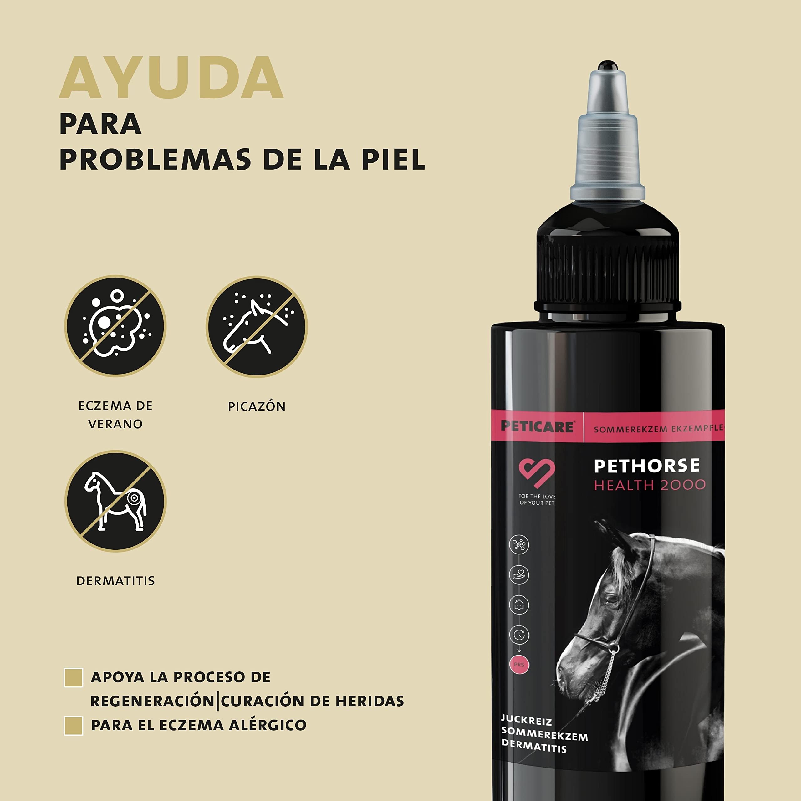 Peticare Cuidado Especial para Caballos | Apoyo en Piel Sensible y Zonas afectadas por roce Estival | Fórmula calmante | Tecnología PRS® de liberación Prolongada | petHorse Health 2000