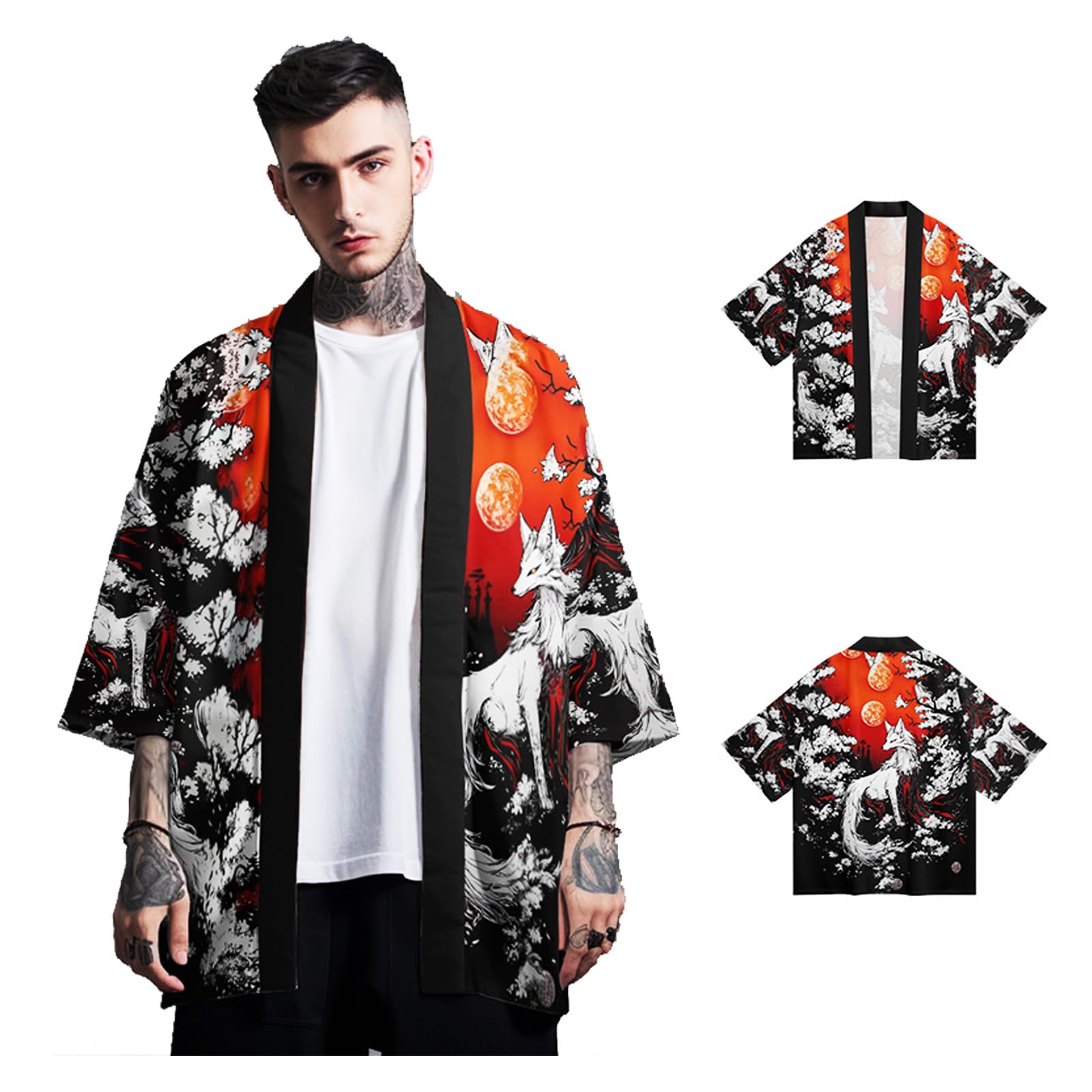 Cardigan Haori Japonais Ample Motif Renard Anime - Cadeau Original Unisexe Style Kimono
