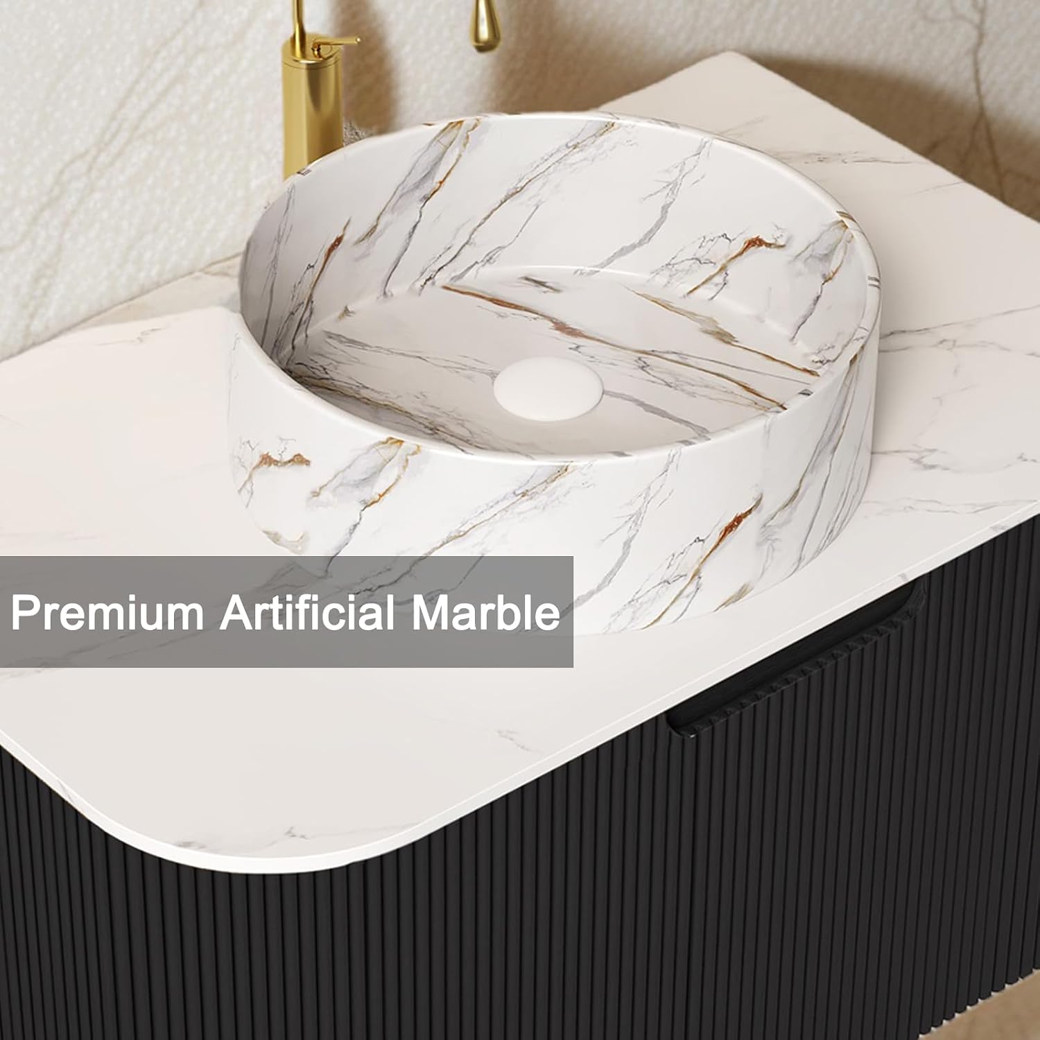 Bathroom Vanity with Sink，30 Inch Small Floating Wall Mounted Bathroom Vanity with 1 Soft-Close Drawer and White Marble Texture Top,Black