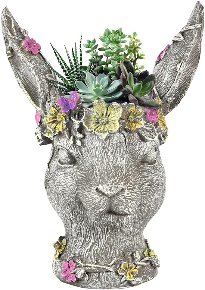 Sungmor Bobby Rabbit Head Planter - Premium Resin & 14.6" Tall Large Garden Pot - Lovely Animal Figurine Ornament Plant Container - Hand-Painted Decorative Plant Pot Indoor Artificial Flower Vase